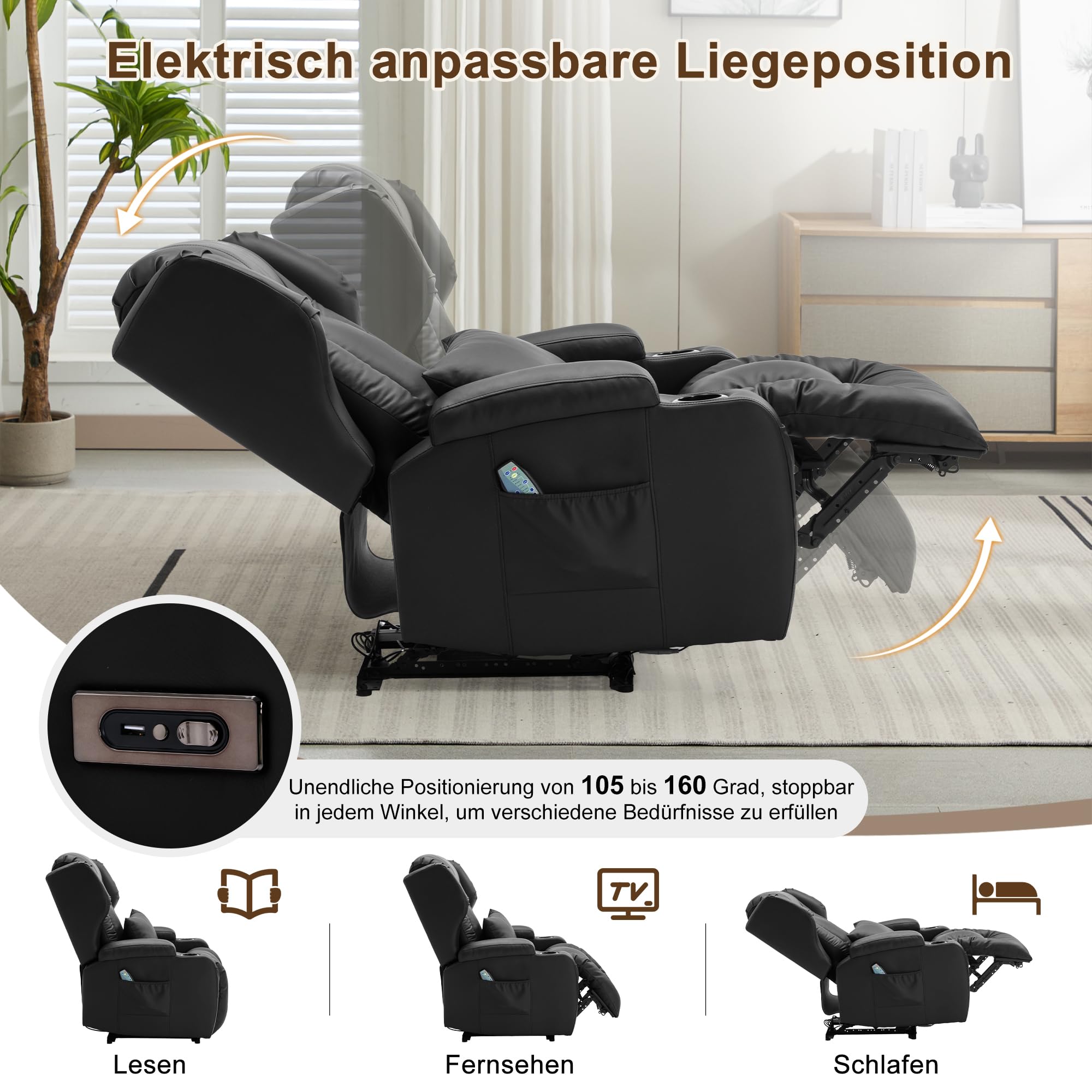 Elektrisch Verstellbar Relaxsessel mit Liegefunktion Kunstleder Fernsehsessel TV Sessel Massage Wärme LED USB bis 150 kg Schwarz 2er Set
