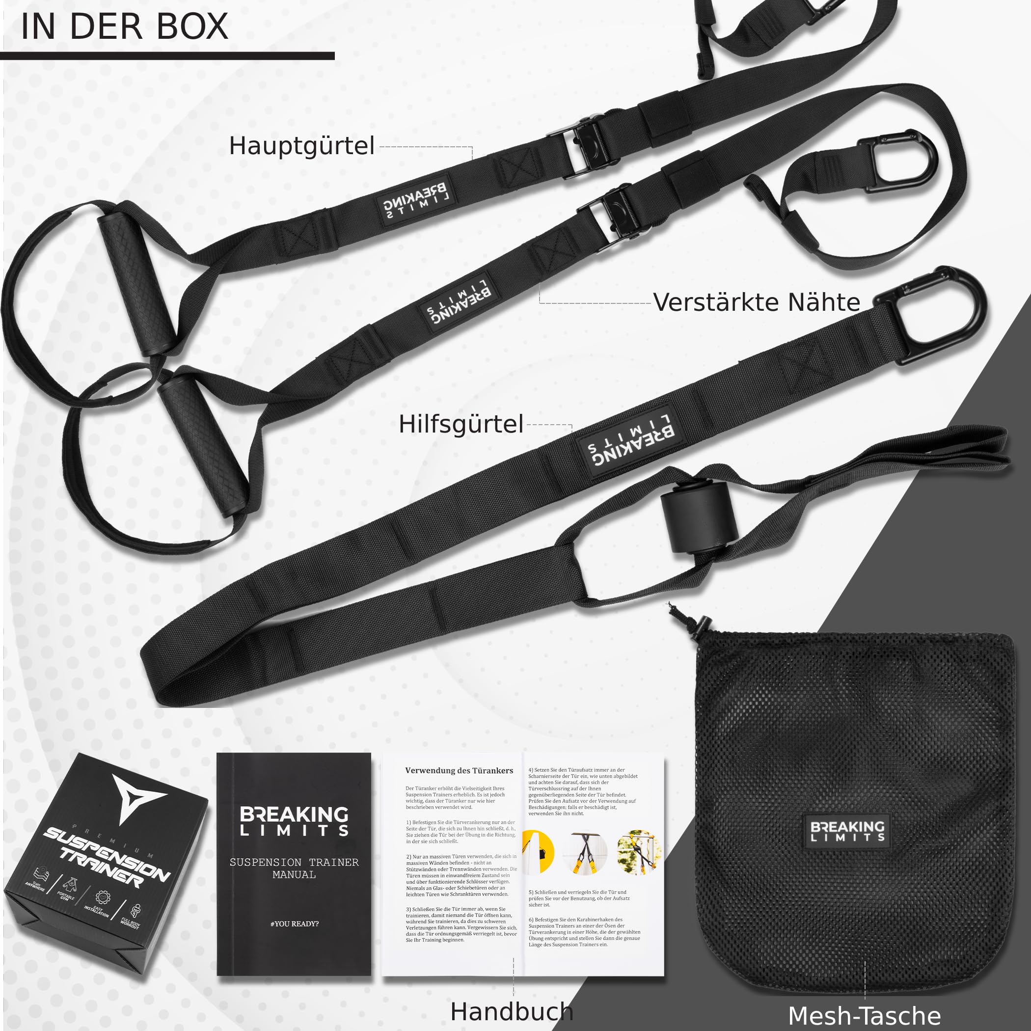 BREAKING LIMITS Sling Trainer - Sling Trainer para casa, jardín, gimnasio y viajes - entrenamiento de fuerza en casa - entrenador de suspensión
