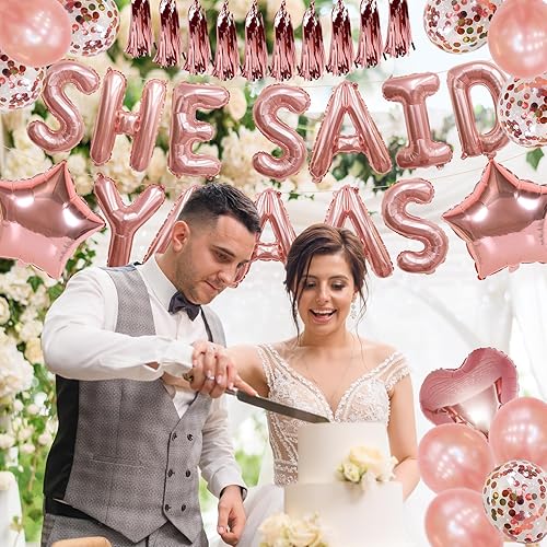 Miniatura 8 de ROTASLOG Kit de decoración de fiesta de compromiso, oro rosa, incluye 10 globos, 1 cortina de flecos