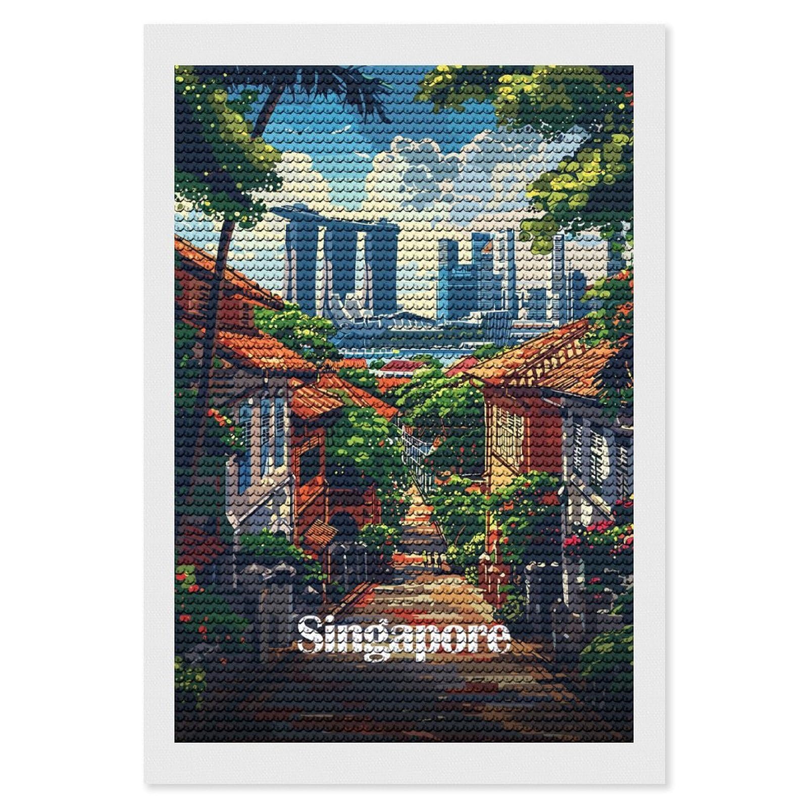 Junmoney Singapore Cityscape Diamond Painting Kit 8"x12", for Women, Simple to Start, Bedroom Decor, Christmas Gift, Good for Quiet Evenings
