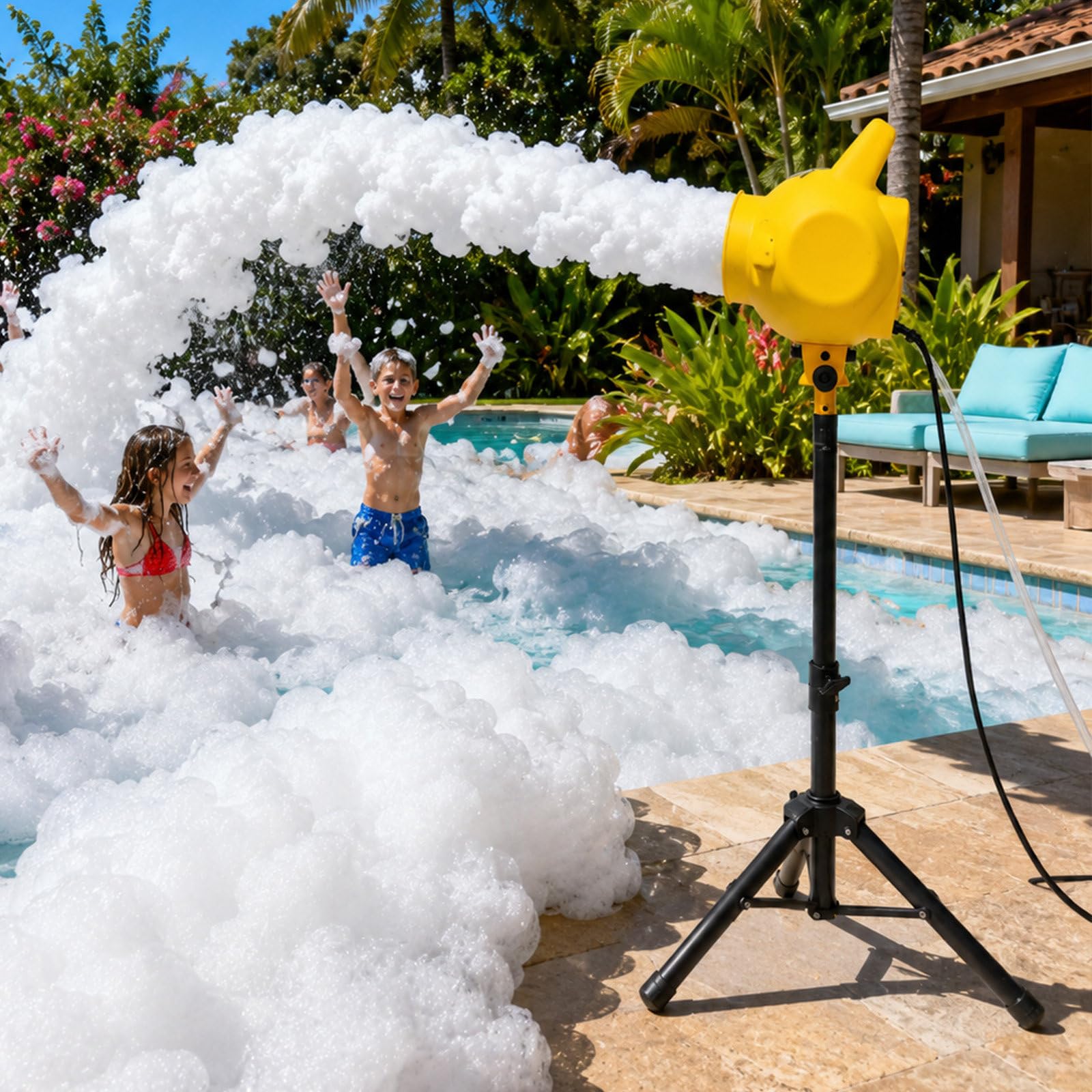 QJJML 5-7m Party Foam Machine for Parties - 200W Foam Party Cannon with Adjustable Tripod - Fast Foam Start -4 Play Setups,Adjustable Angle Foam Machine for Backyard Pool Parties and Events