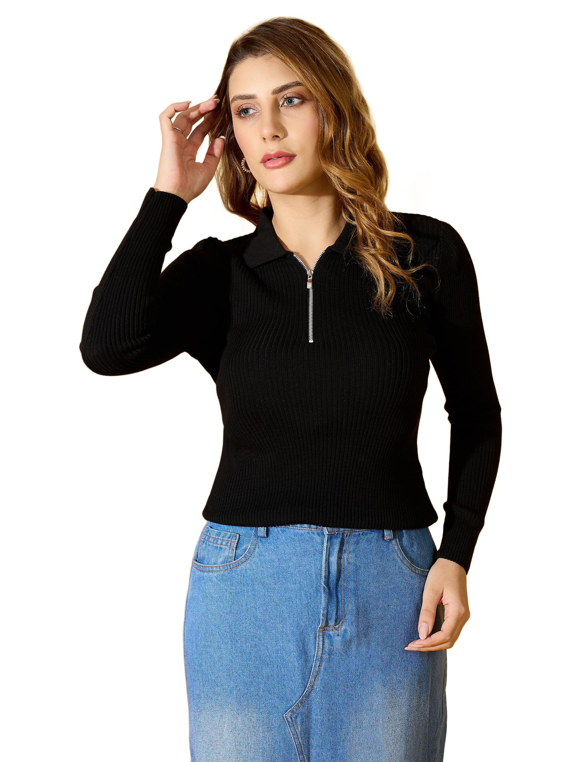 98 north 98 Degree North Women Ribbed Zipper Collar Neck Pullover-G1572-BLACK-picture-29