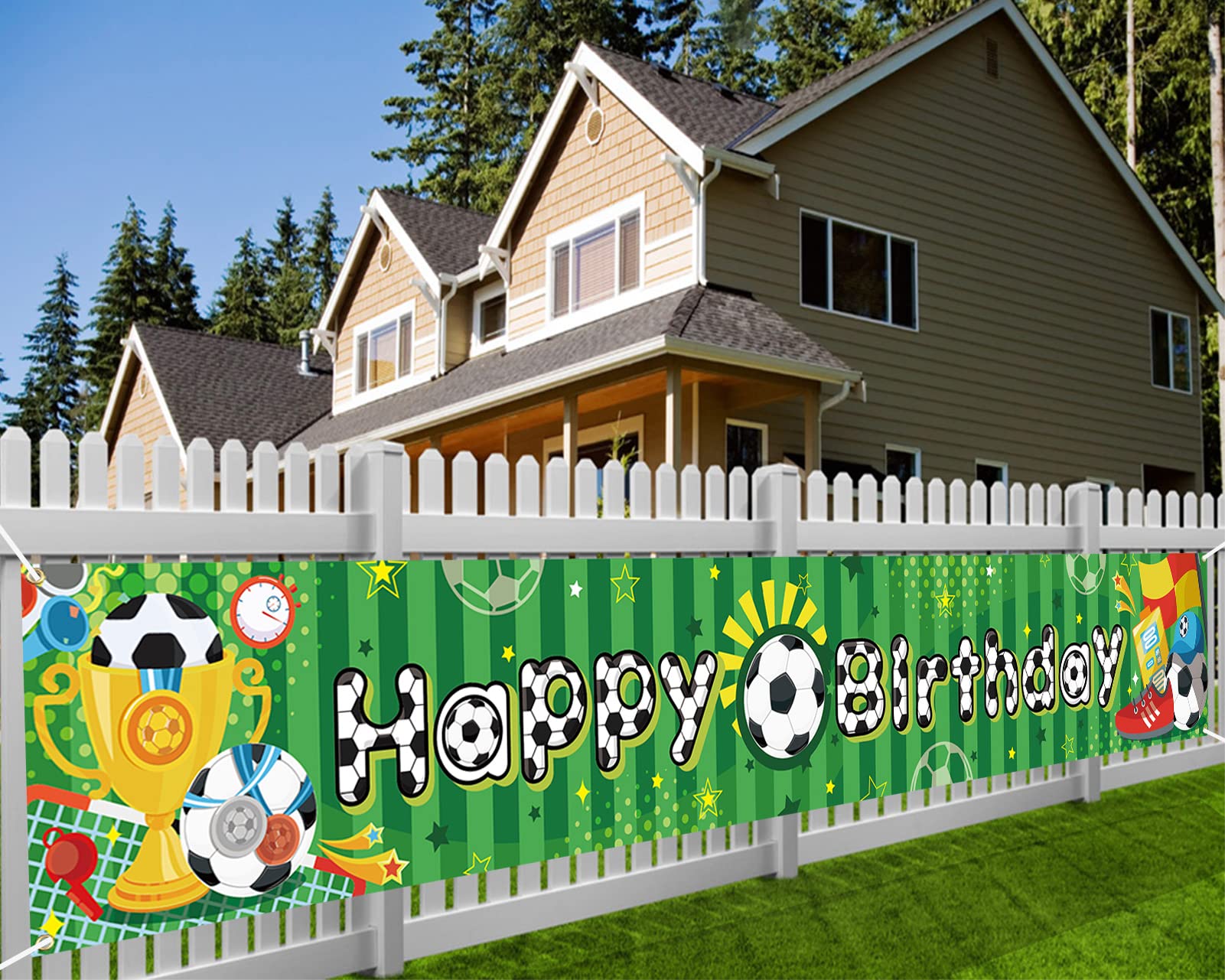 DPKOW Pancarta de Feliz cumpleaños para niños Decoración de Fiesta de cumpleaños de fútbol, Tela Larga cumpleaños Fiesta Pancarta fútbol Foto Props para Pared jardín Fondo decoración, 8.5 x 1.3 pies