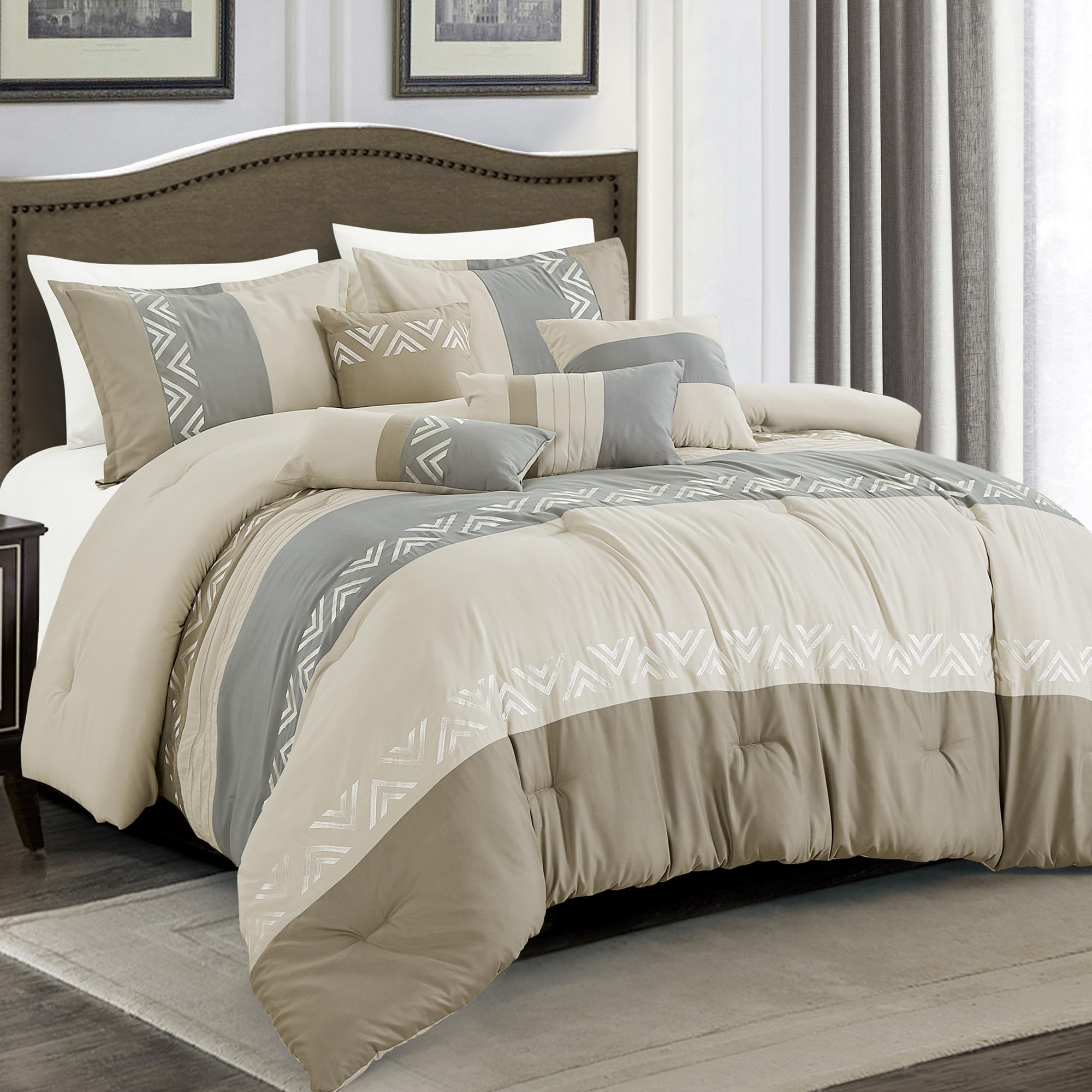 Bedream7 Pieces Embroidered Patchwork Comforter Set, Queen Size Modern Geometric Down Alternative Bed in a Bag, Decorative Elegant Taupe and Gray Bedding Set - 1 Comforter, 2 Shams, 4 Decor Pillows