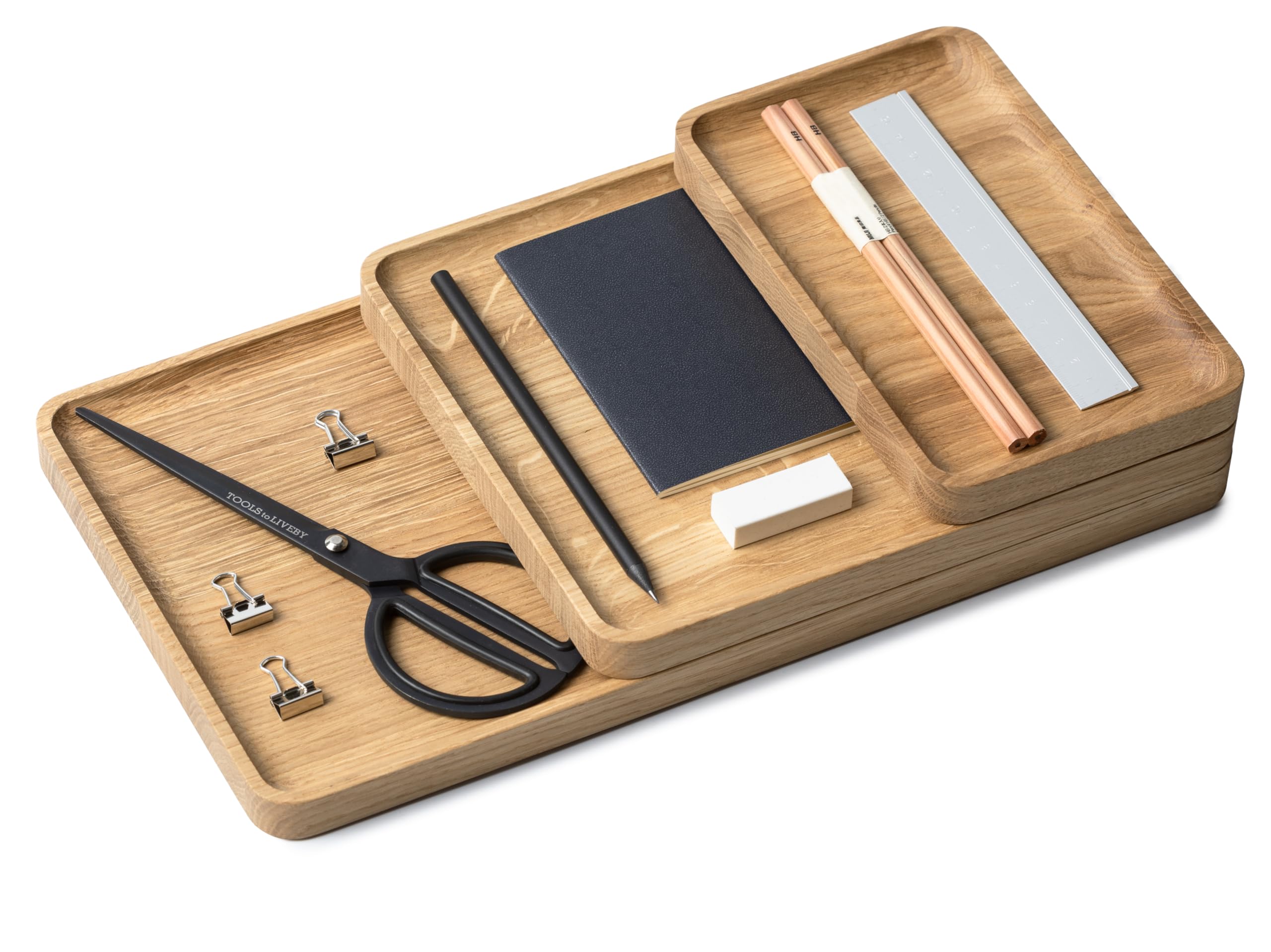 OAKYWOOD Catchall Tray Bundle – Solid Wood Desk Organizer Set – Document, Phone & Tablet Tray – Office, Home, or School Use – Set of 3 – Oak