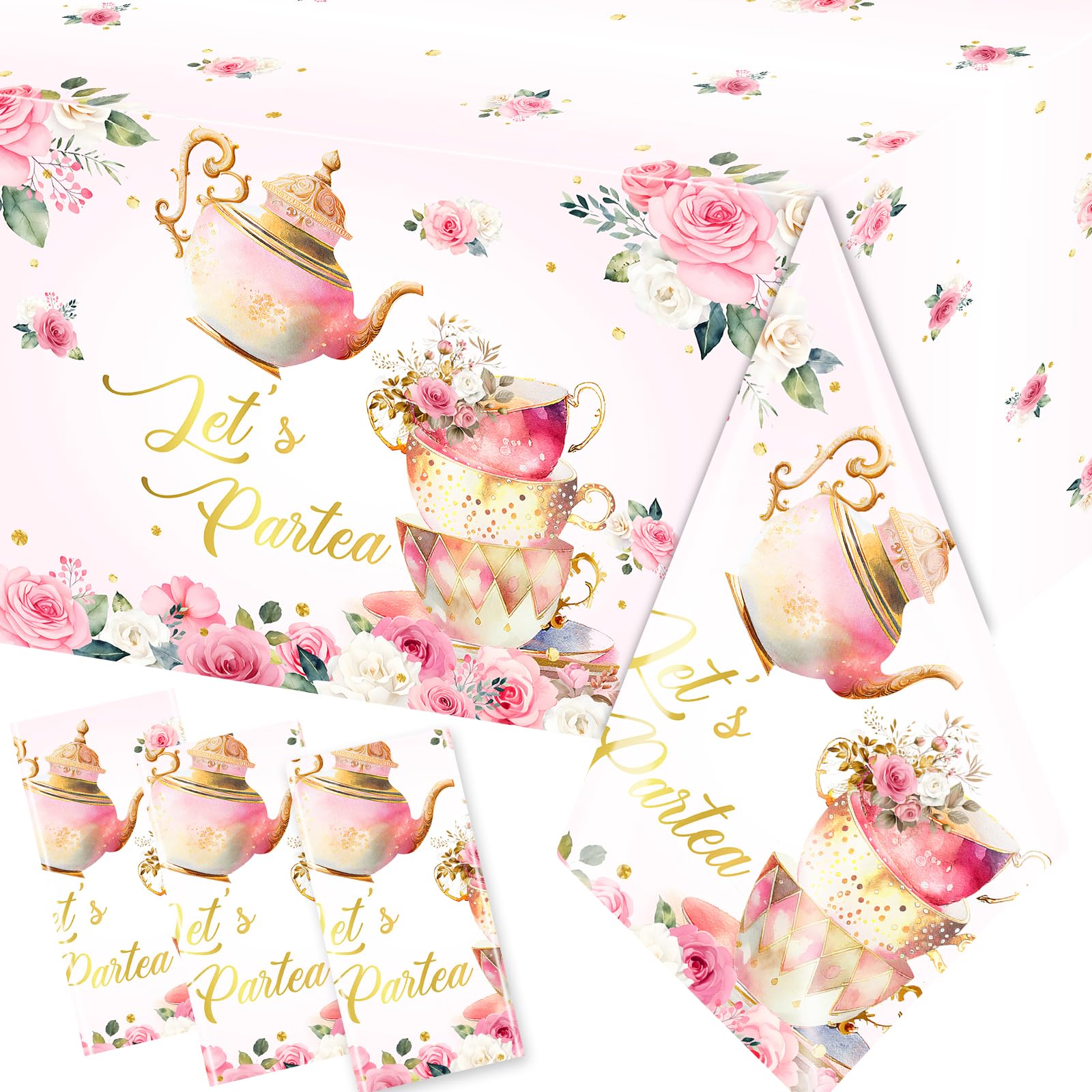 Dydamud Pink Floral Tea Party Tablecloth, Girls Tea Party Birthday Supplies 3pcs Let's Partea Spring Disposable Table Cover for Baby Shower, Floral
