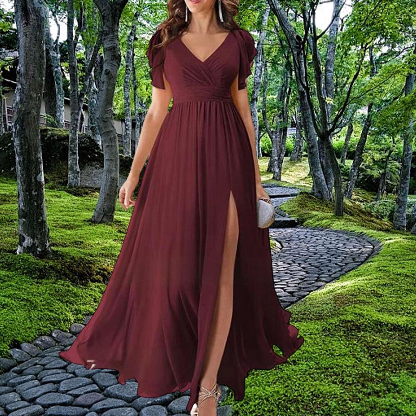 Genérico Vestidos de Fiesta Mujer Elegantes - Vestido Invitada Boda Largo, Dama de Honor, Escote V Abertura Lateral Efecto Gasa Manga Corta, Vestidos de Graduación, Vestido Coctel Mujer