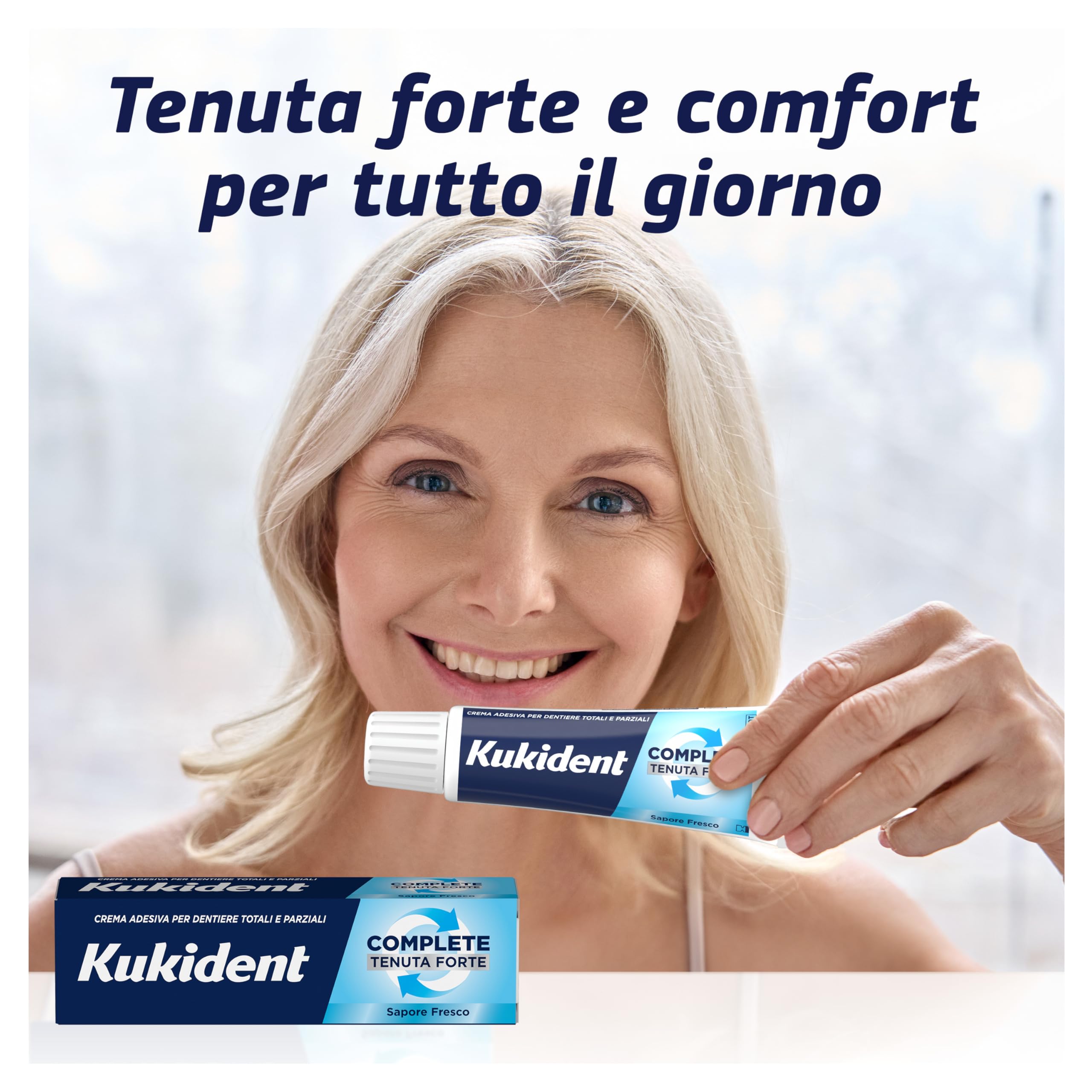 Kukident Complete Crema Adesiva per Protesi Dentali Totali e Parziali, Tenuta Forte, Sapore Fresco. Confezione da 3x35g