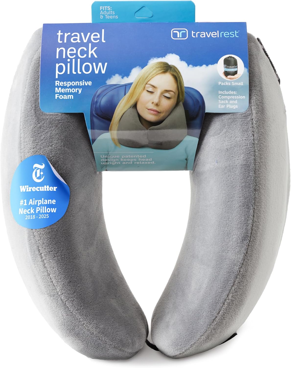 TRAVELREST Nest Neck Pillow Travel Essentials - Memory Foam Pillow and Patented Design, Support for Long Flights, Travel Accessories, Comfortable and Compact, Washable, Attaches to Luggage - Gray Grey Nest - Image 1 of 9