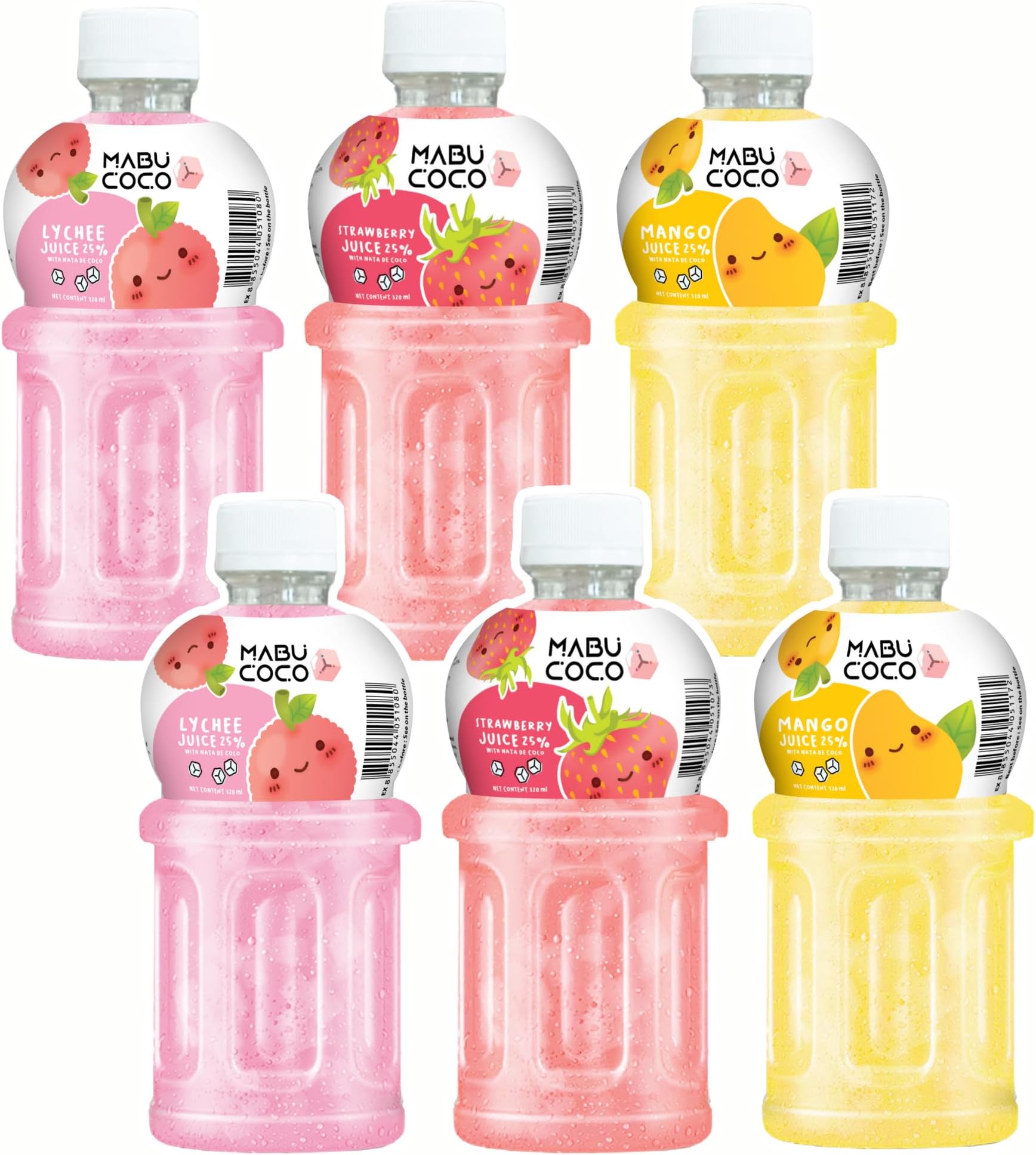 Mabu Coco Juice With 25% Nata De Coco | Refreshing Taste | Assorted Flavours: Lychee, Mango, Strawberry (From Grape Concentrate) | Pack of 6 (320ml Each)