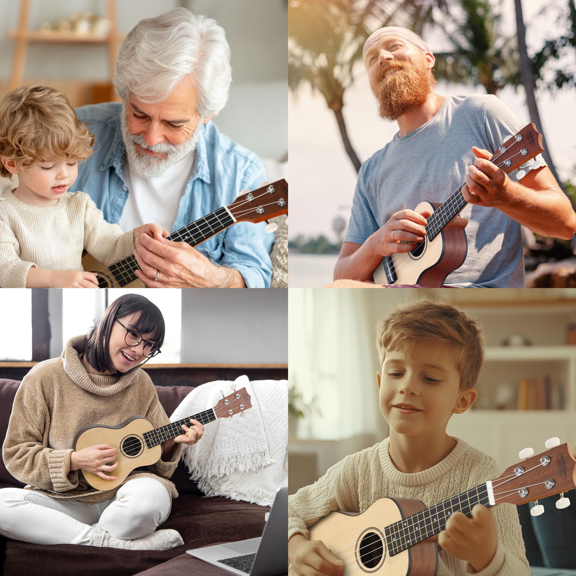 Classic Cantabile Sopran Ukulele Natural Set inkl. Grifftabelle, 15 Bünde | Sopran-Mensur (343 mm), Gesamtlänge: 54 cm, Decke: Fichte, Boden und Zargen: Sapele, Hals: Okoume, Griffbrett: Black Richnite