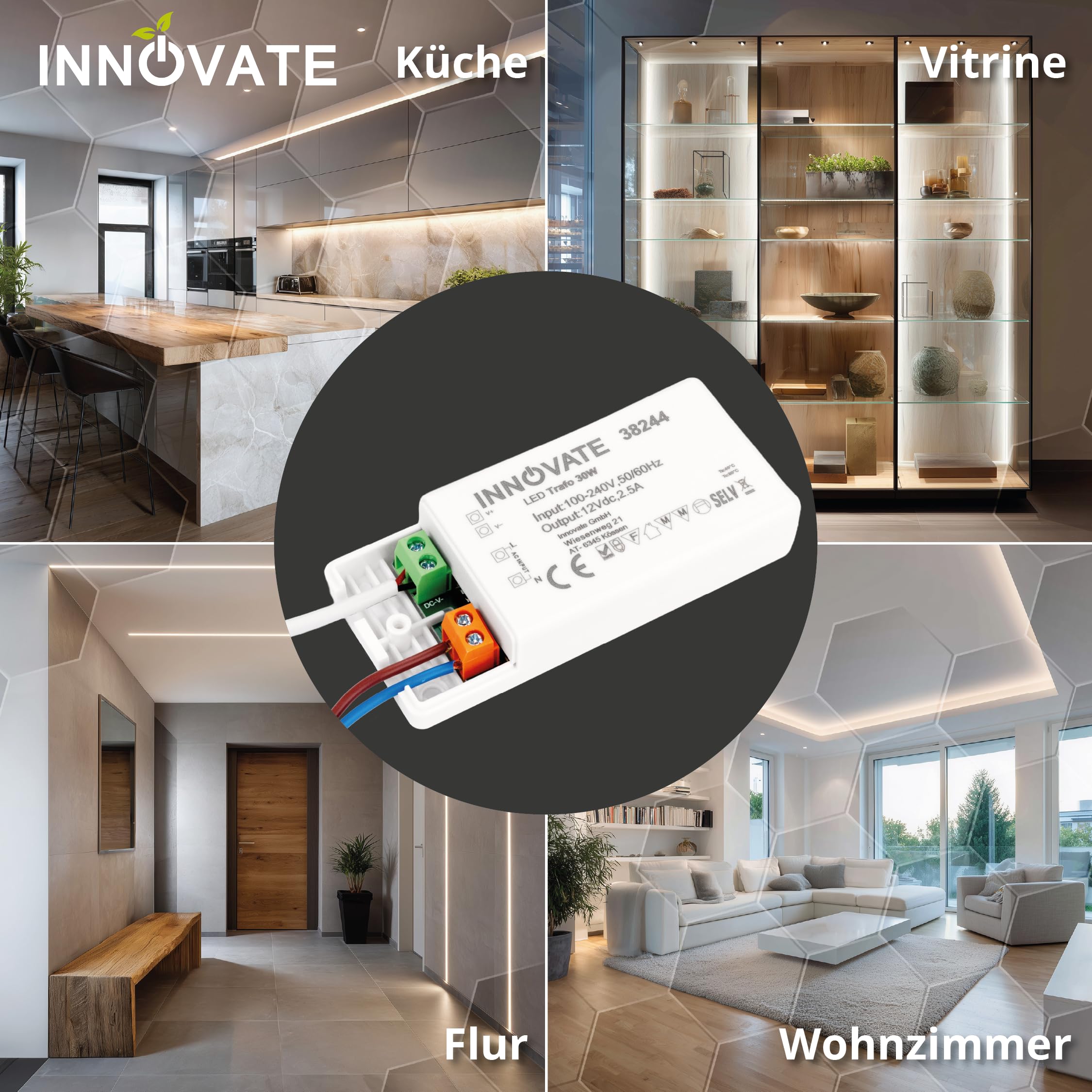 INNOVATE 12V voeding, 12V/AC, 0-70VA led-transformator, dimbaar, geen flikkering, geen transformatorruis, 12V-230V omvormer, led-transformator