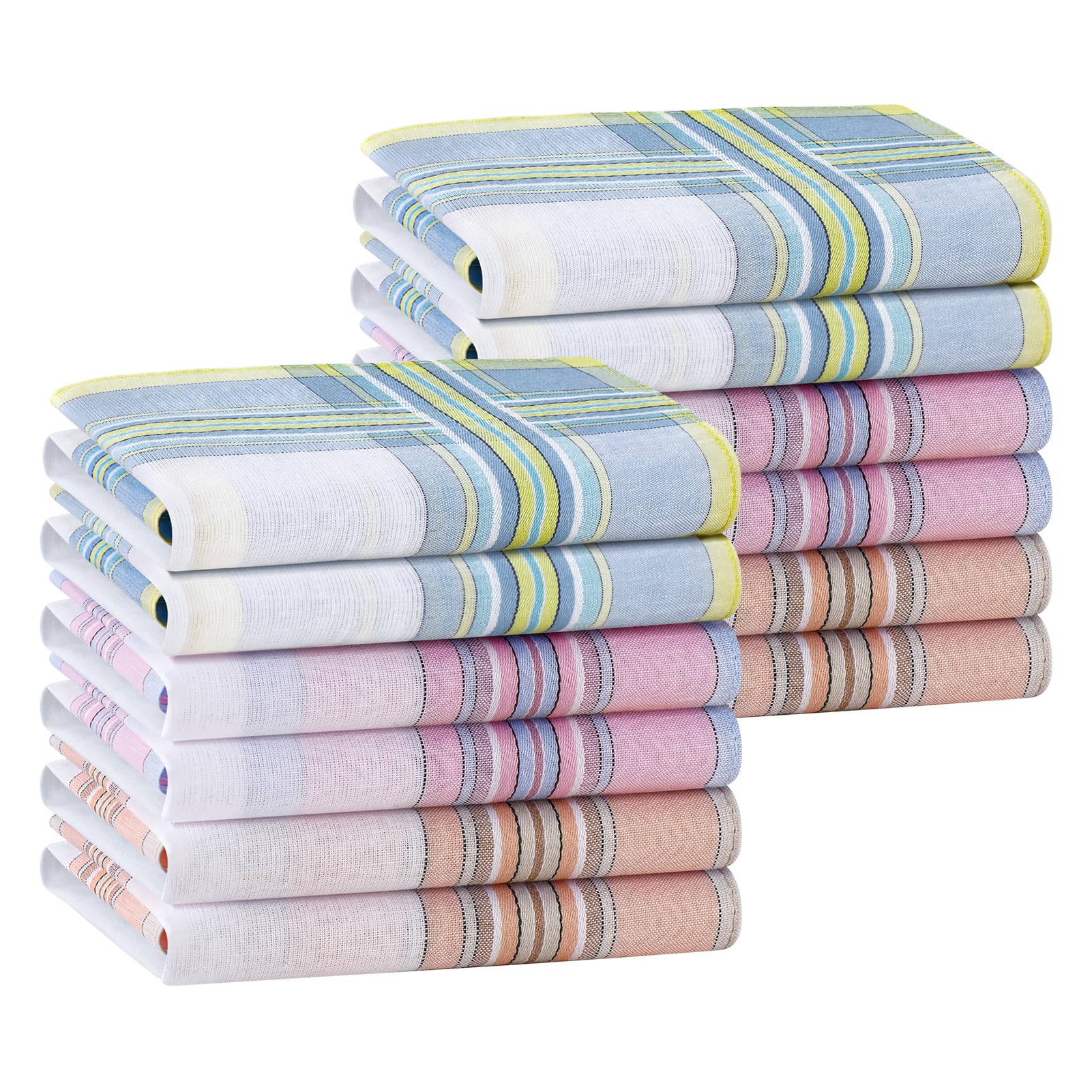 Houlife Women's Mixed-12Pcs 100% 60S Combed Cotton Handkerchiefs Soft Stripe Checkered Pattern Coloured Plaid Hankies For Wedding Party 6/12 Pieces 28X28cm