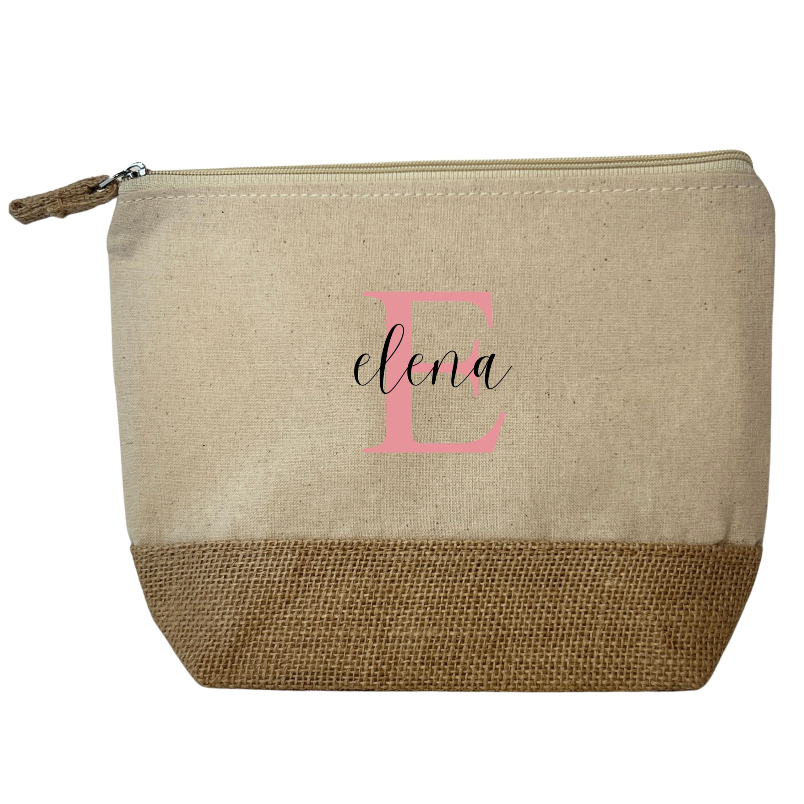 desiGntec Neceser de Algodón y Yute Personalizado con Inicial Y Nombre, Regalo para Eventos, Cumpleaños, Amigas |Estuche Personalizable diseño en Vinilo Textil Montaje Manual
