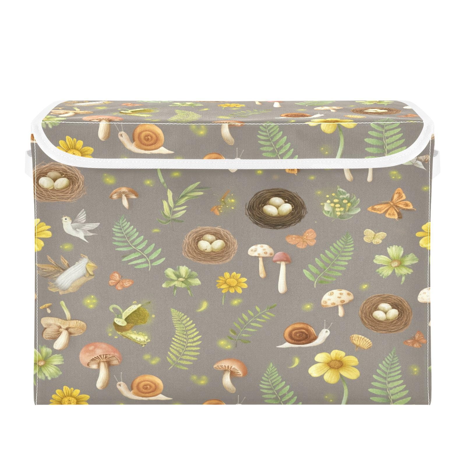 Ewusp Snail Mushroom Fabric Storage Bin with Lid, Decorative Foldable Storage Basket with Handles, Stackable Closet Shelf Organiser Box for Clothes, Books, Bedroom, Living Room