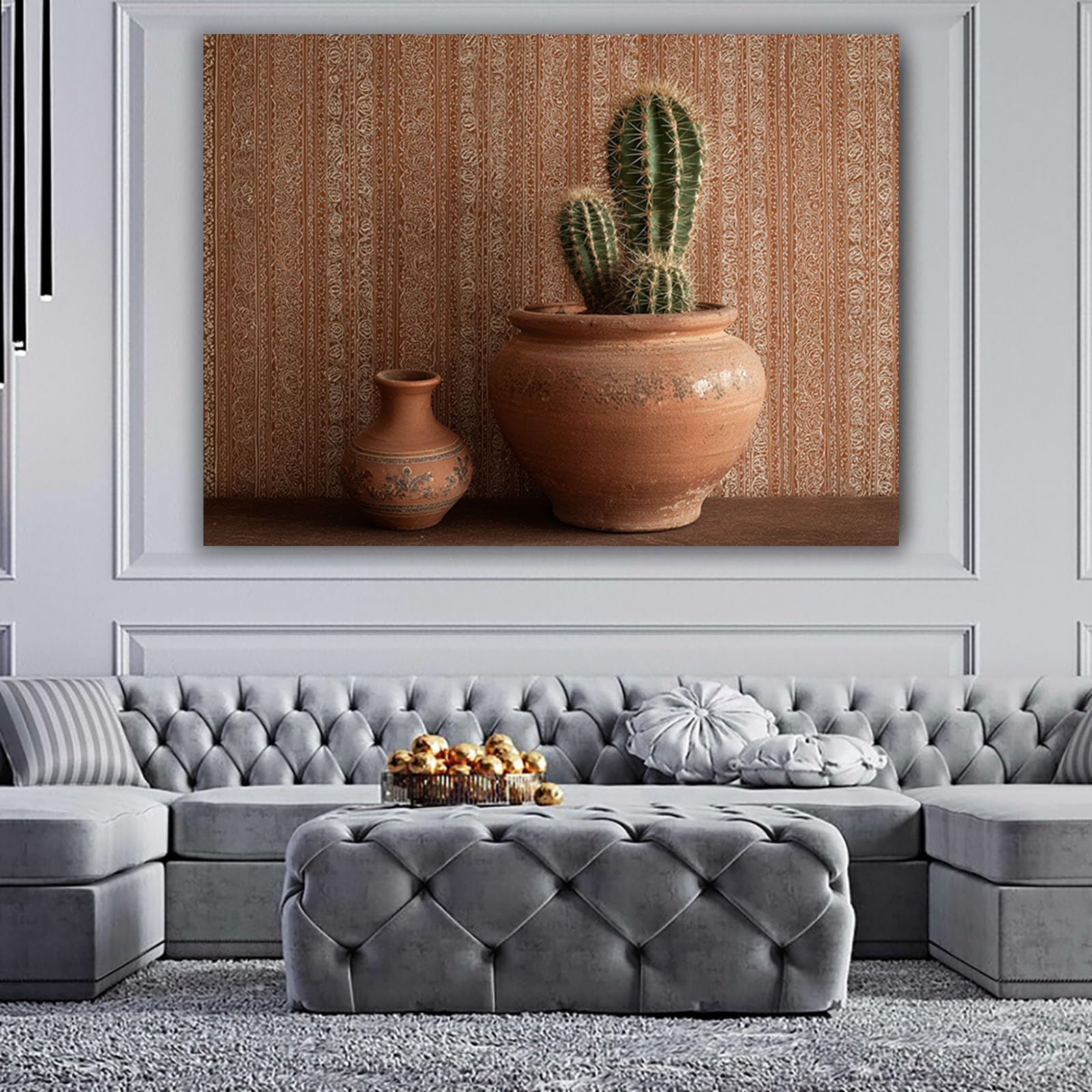 ZAMAEIU Semplice arte botanica Stampe su Canvas Cactus in vasi di ceramica per Camera da Letto Agriturismo Soggiorno Bagno(marrone)-80x120cm Non incorniciato