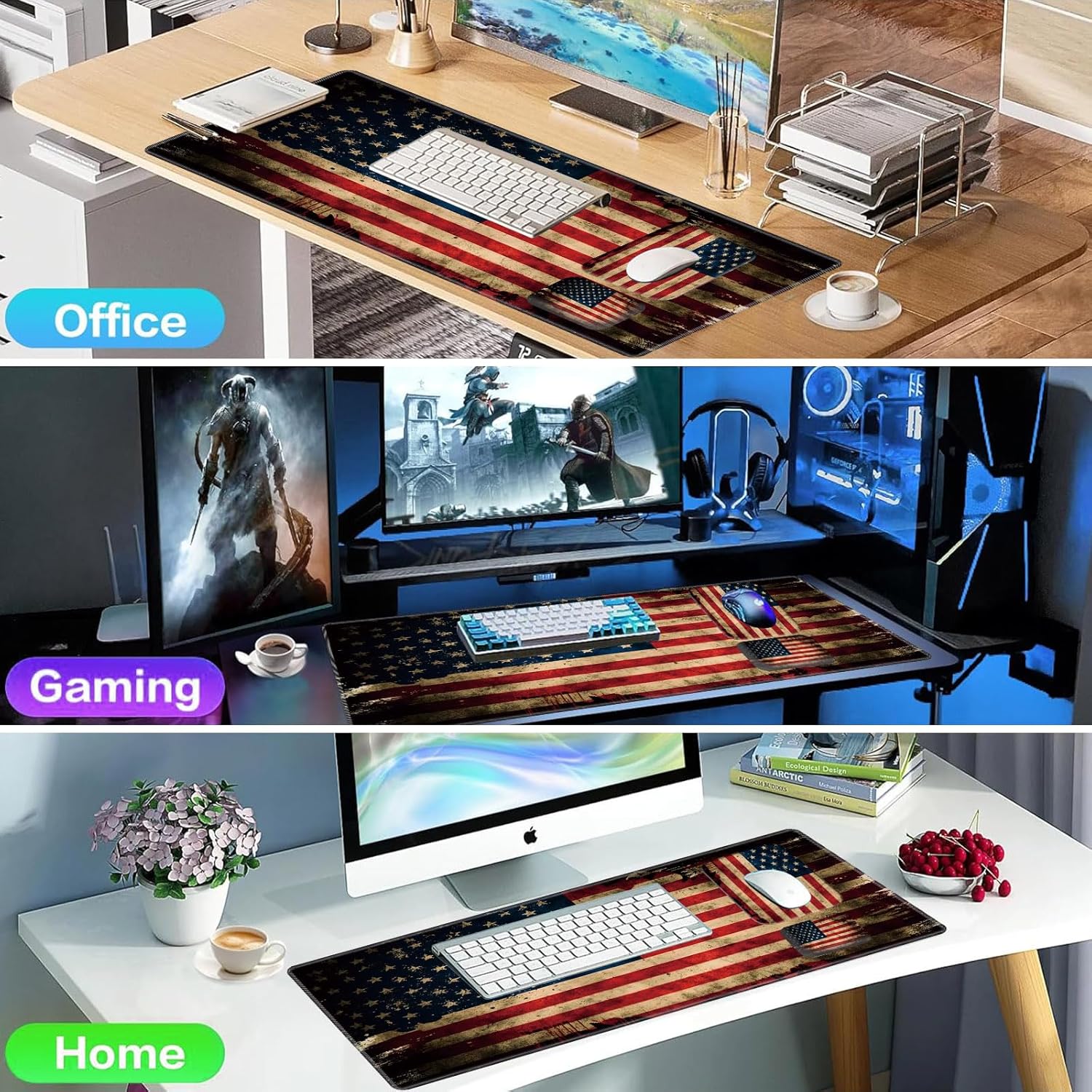 Mouse Pad with Wrist Rest,Desk Pad/Mat Set,American Flag Mouse Pad Gaming,Keyboard Pad,Laptop Pad,Long Extended Mouse Pad+Small Mouse Pad+Mouse Wrist Rest,Non-Slip Base and Stitched Edge