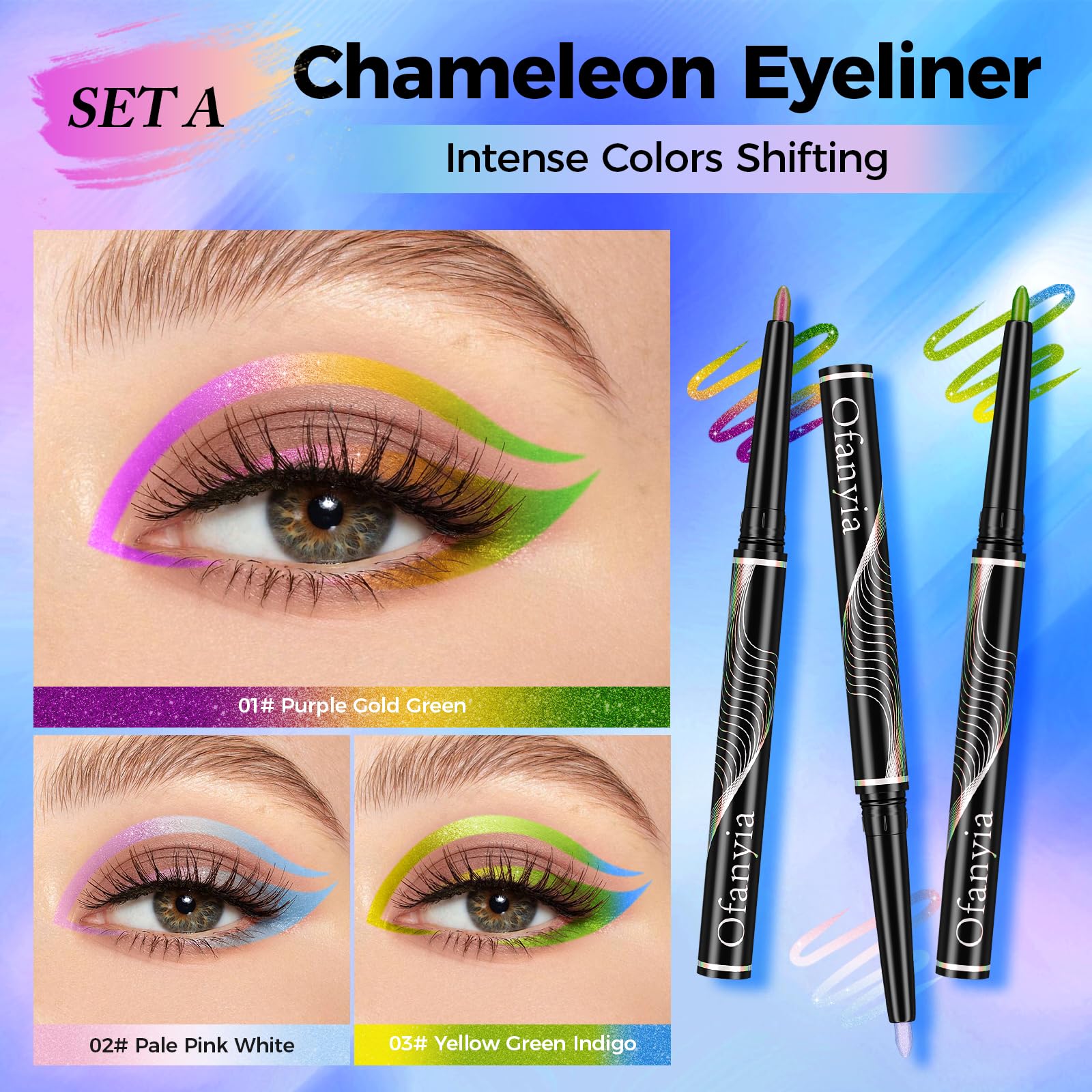 Ofanyia Multichrome Eyeliner Pencil - 3 Pcs Metallic Gel Eyeliner, Purple, Pale Pink, Green Shifting Colors, Waterproof, Smudge Proof - Image 2