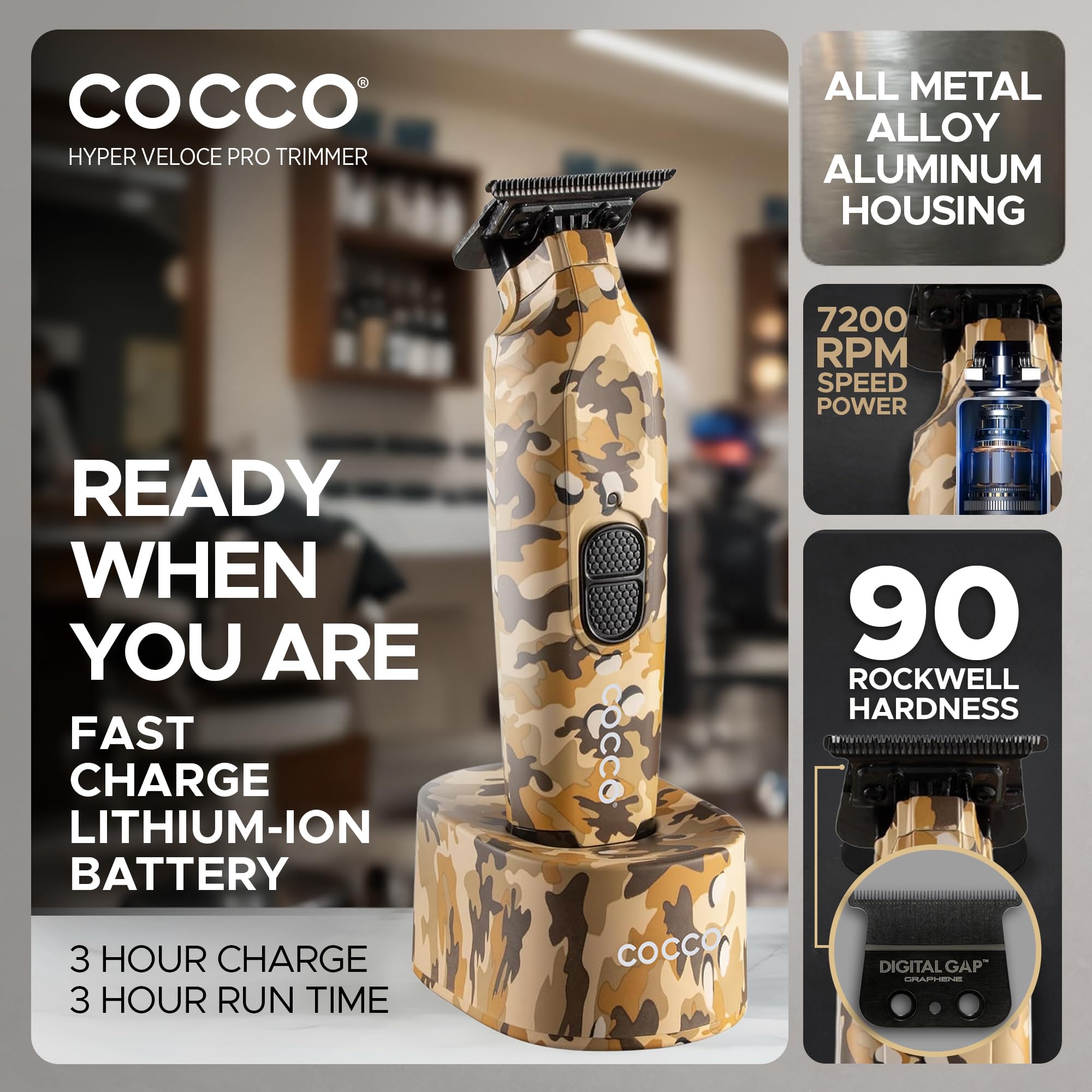 Cocco Hyper Veloce Pro Trimmer, Digital Gap Graphene Blade Edger, High-Torque Brushless BLDC Motor, Cordless, All-Metal Design, Lithium-Ion Battery, Charging Base Included (Camo)