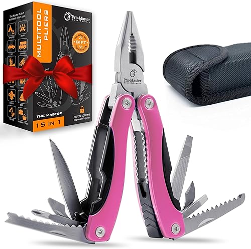Multiherramienta rosa 15 en 1 para mamá, esposa, hija, abuela, práctica alicates multiherramienta EDC, cuchillo de bolsillo con bloqueo de