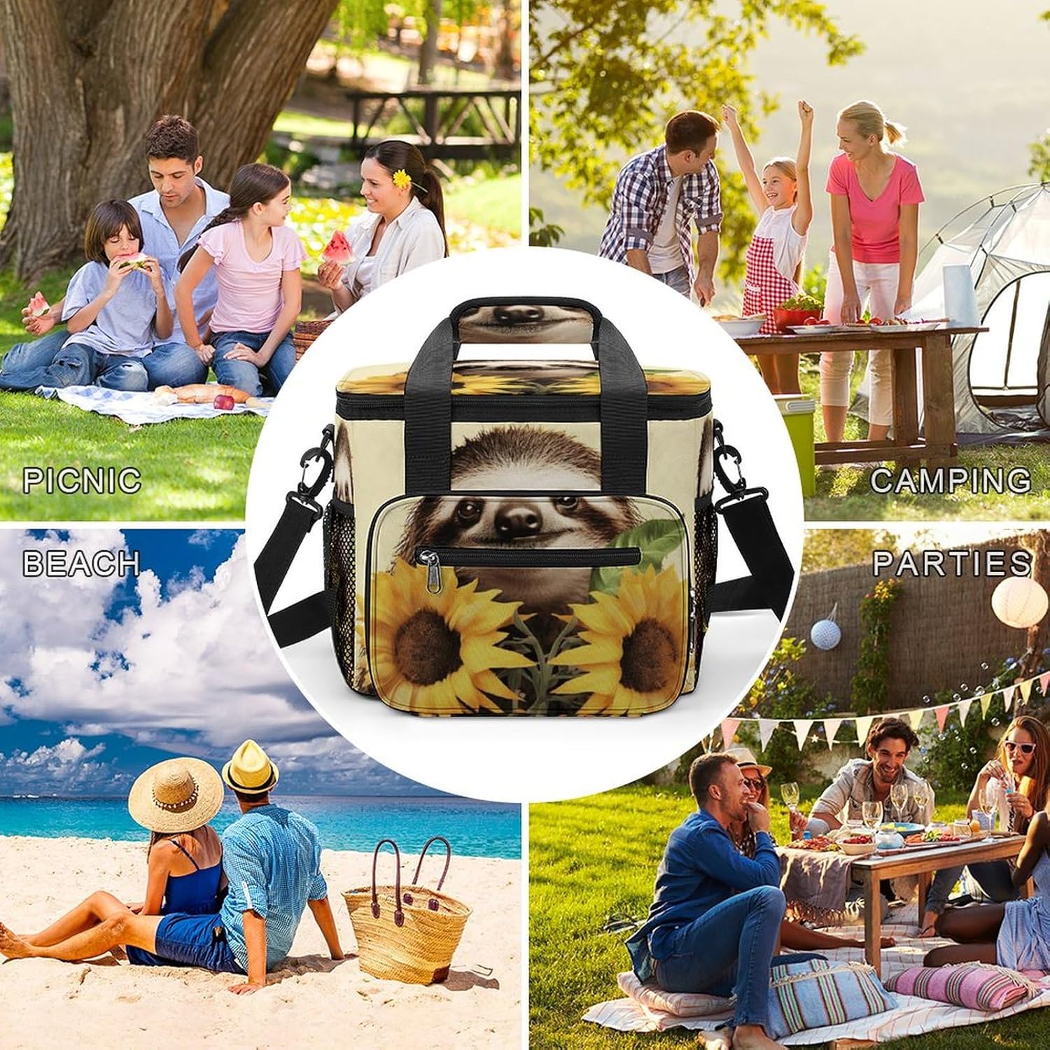 Large-Capacity Oxford Cloth Sloth Sunflower Printed Camping Ice Bag, Outdoor Portable Insulation and Cold Storage Bag, Enjoy A Cool Camping Time