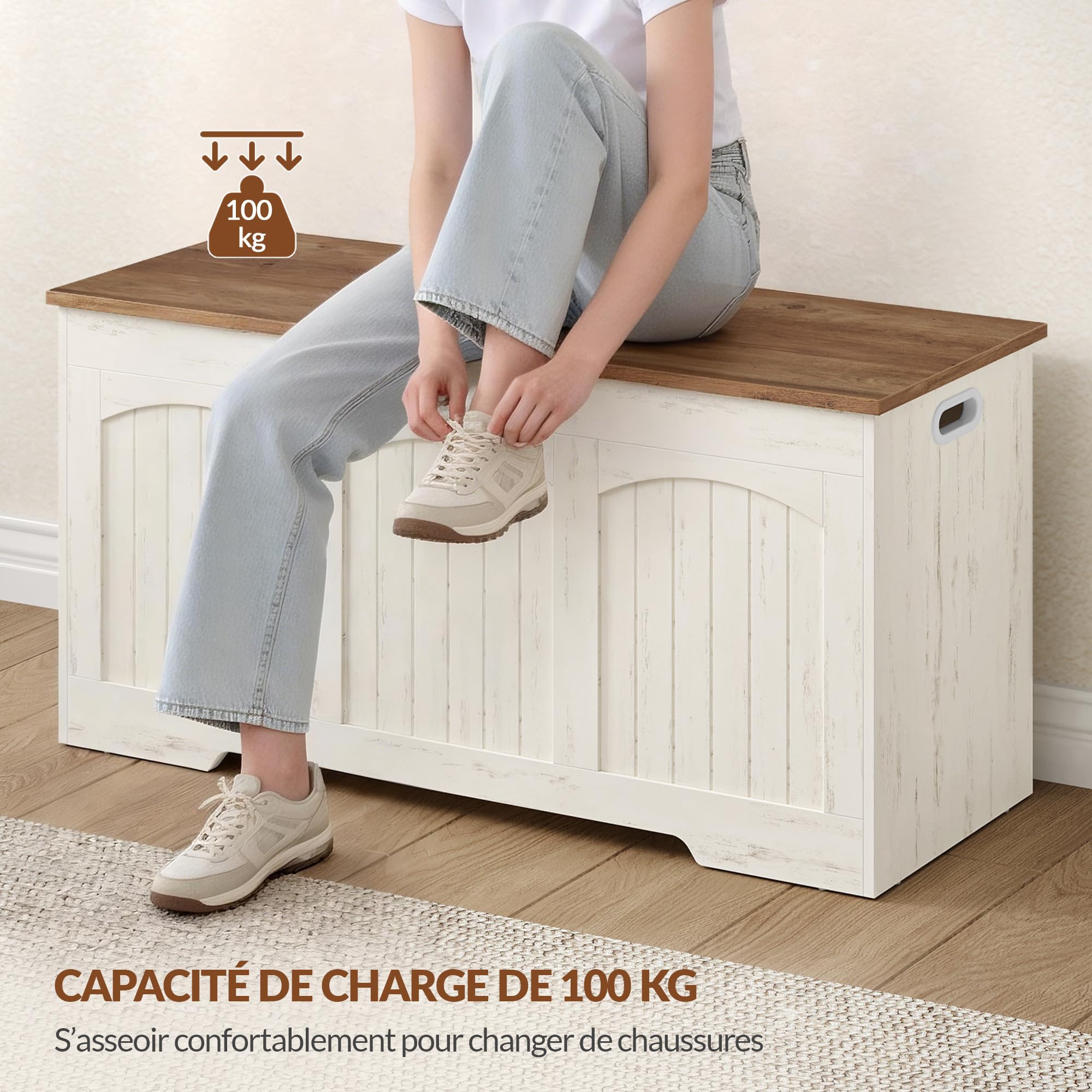 Banc Coffre de Rangement, 100 x 40 x 48 cm, Blanc et Marron | Charnières de Stabilité, Poignées Latérales Creuses, Pour Entrée, Chambre, Salon, FFXD103PWR1