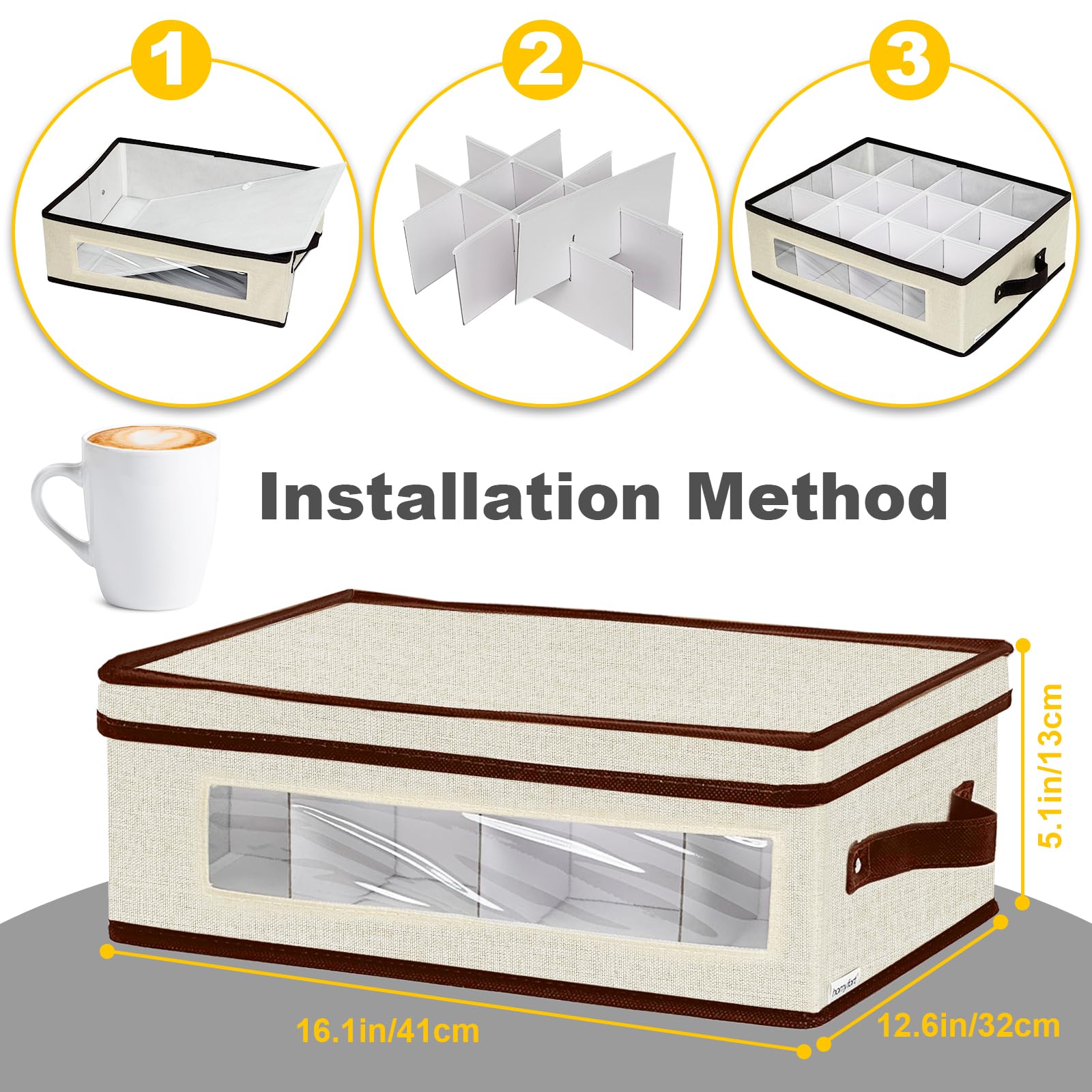 homyfort Lot de 2 boîtes de rangement pour tasses avec séparateurs, boîtes de rangement pour tasses en porcelaine à coque rigide avec compartiments pour 24 tasses à thé et tasses à café (beige)