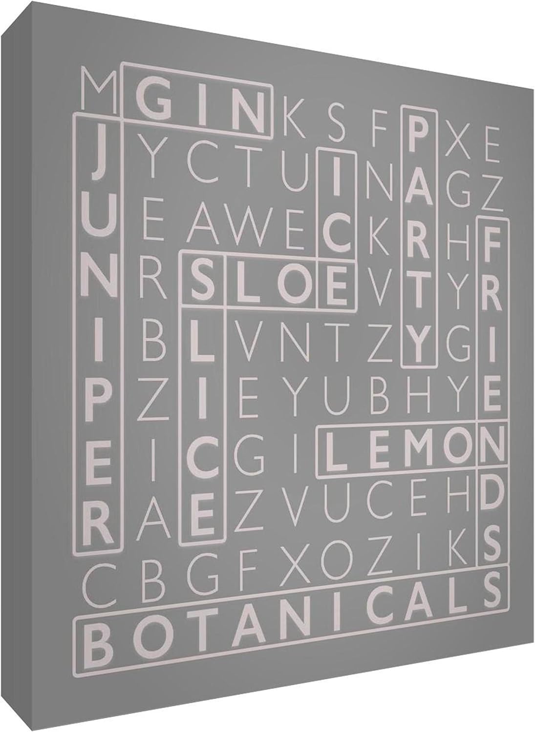 Premium Box Canvas with Solid Front Panel in Word Search Design for The Gin Lover - 25 x 25 x 3cm (Small), Soft Grey