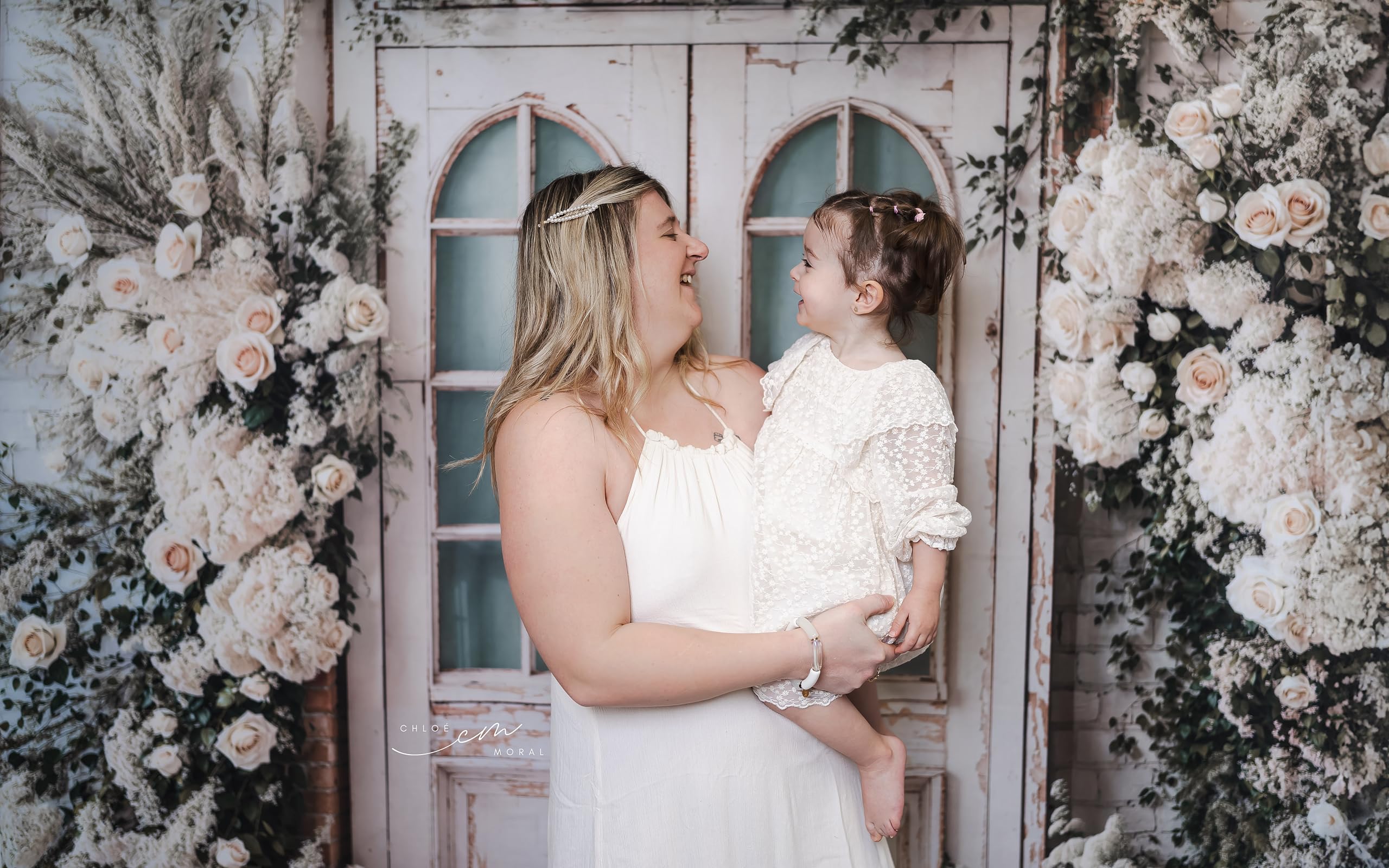Kate Toile de fond pour photographie avec fleurs de printemps - Pour porte - Briques blanches - Pour mariage, anniversaire, studio photo - 2,1 x 1,5 m