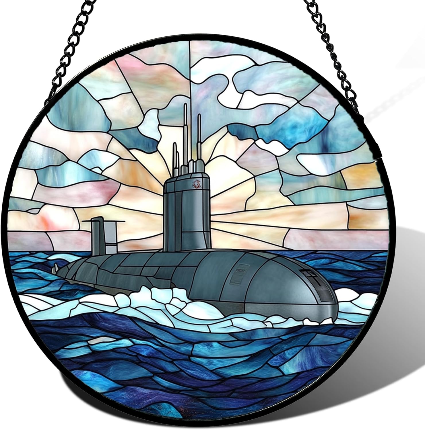Stained Glass Window Hanging Blue Ocean Gray Submarine Large 15" - Suncatcher Door Garden Sun Catcher Decor Birthday Christmas for Soldier Men Woman Teenage Boys Kids