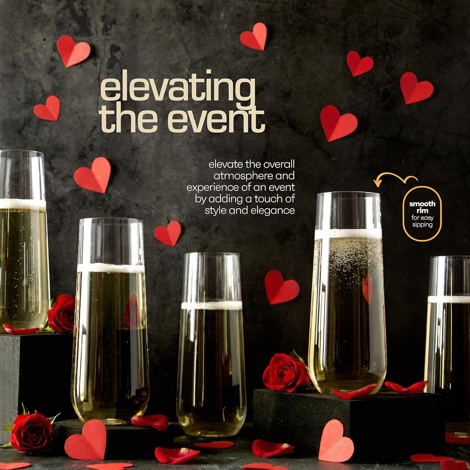 DECADORN Clear Stemless Champagne Flutes Plastic 48 Pack - 9oz Plastic Champagne Glasses - Durable and Sturdy Mimosa Glasses For Parties - Shatterproof, Recyclable, BPA-Free, Smooth Rims. - Image 2