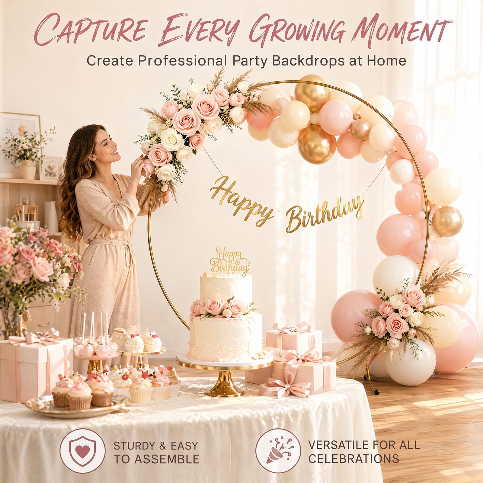 Arco per palloncini da 1,8 m in metallo, telaio rotondo con sacchi d'acqua e picchetti, set per matrimoni, compleanni, feste e decorazioni per arco d'uva