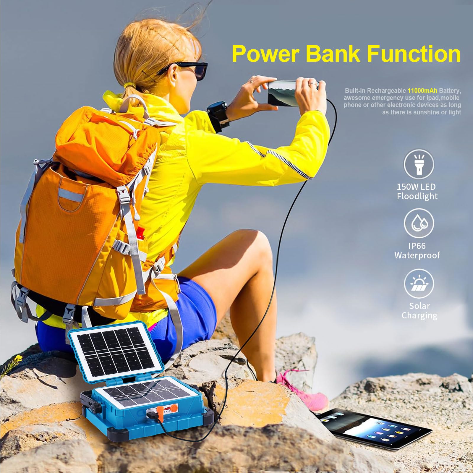 Faro LED Ricaricabile 150W,Fosingut Faretto LED Esterno con Doppio Pannello Solare Portatile,11000mAh Batteria Lampada Emergenza Proiettore Luce da Lavoro,Campeggio,Cantiere,Pesca,Riparazione Auto-2p