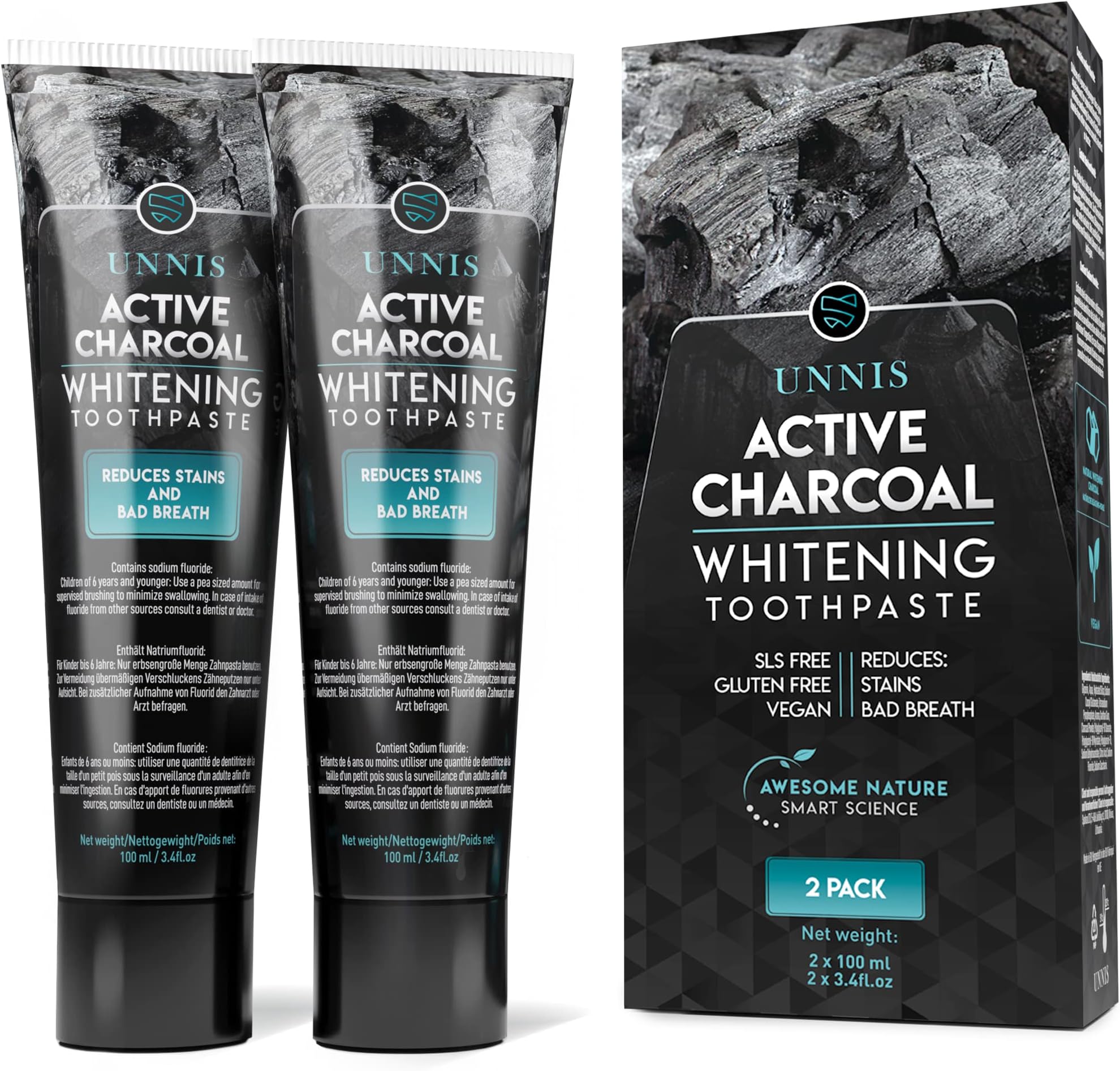 Activated Charcoal Teeth Whitening Toothpaste 2 Pack Active Natural Teeth Whitening Toothpastes Stain Removal Tooth Whitener Kit for White Teeth Safe Plaque Remover
