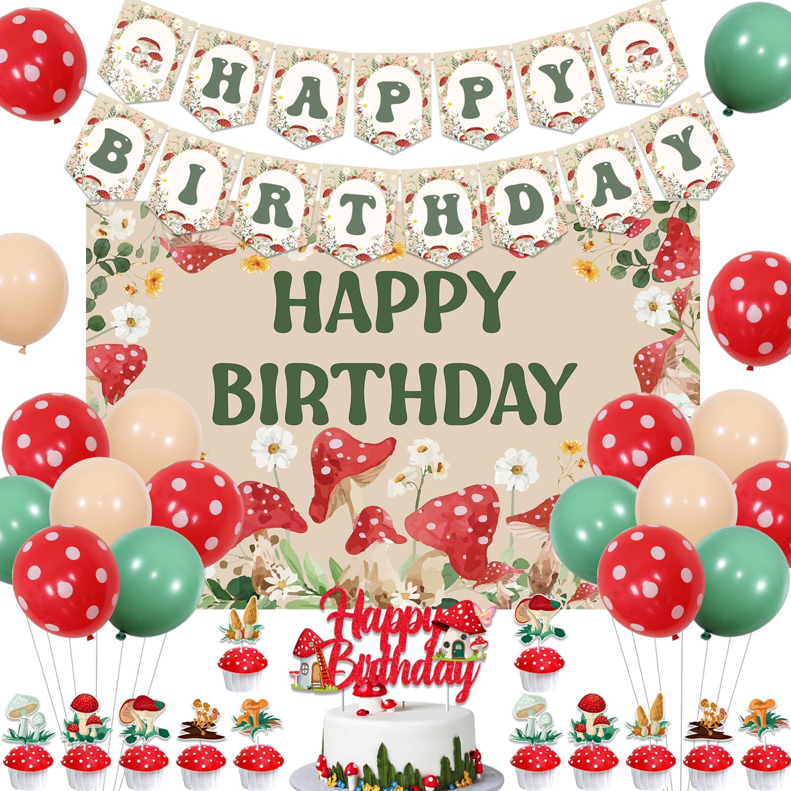 Cheereveal Mushroom Birthday Party Decorations, Mushroom Forest Banner Backdrop Balloons Cake Topper Cupcake Toppers for Fairy Baby Shower Birthday