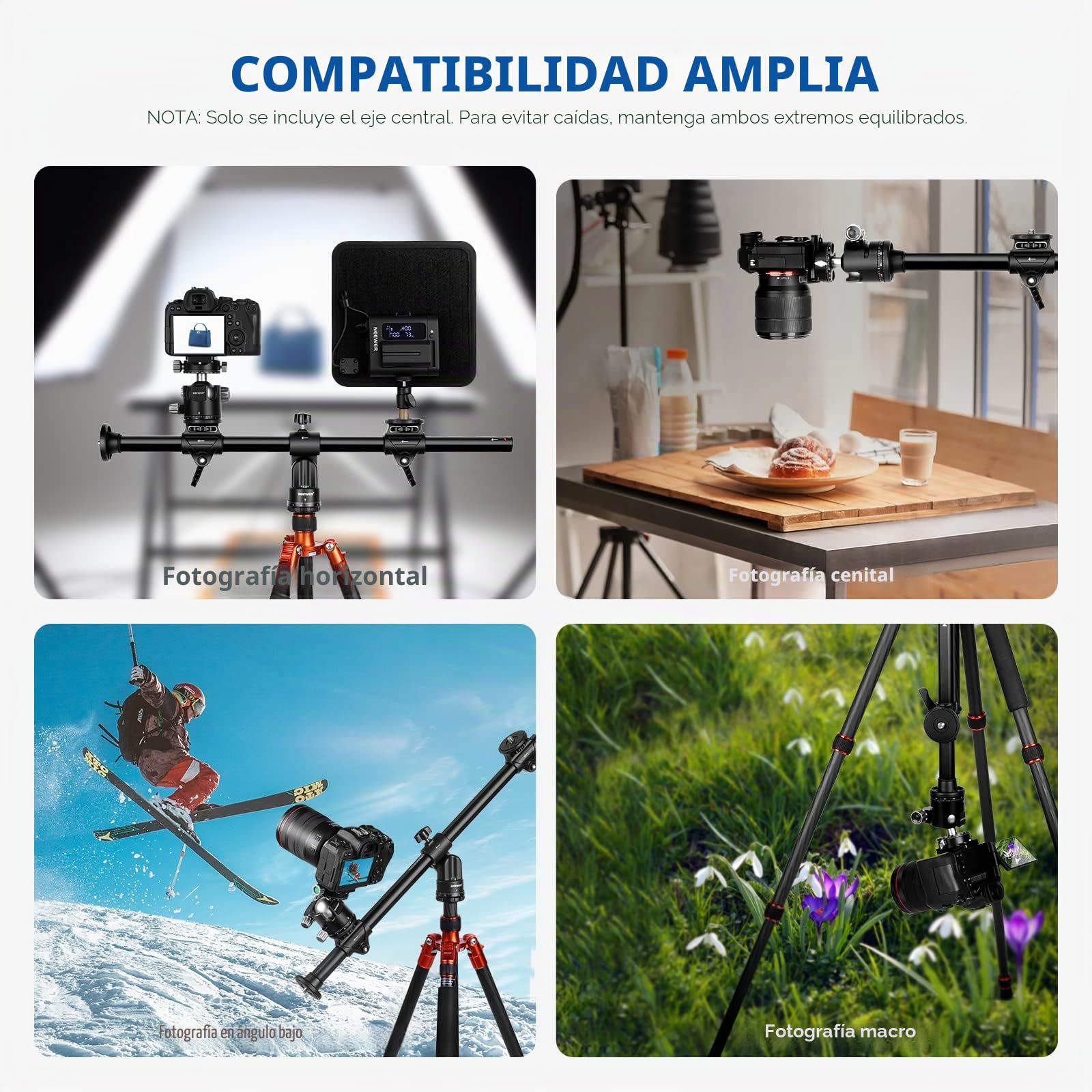 NEEWER 76cm Eje Central de Trípode Horizontal con Tornillo de 3/8", Aleación de Aluminio Giratorio de 360​​​​° 180° Brazo de Extensión del Trípode Ajustable, para la Fotografía Macro(Carga hasta 10kg)