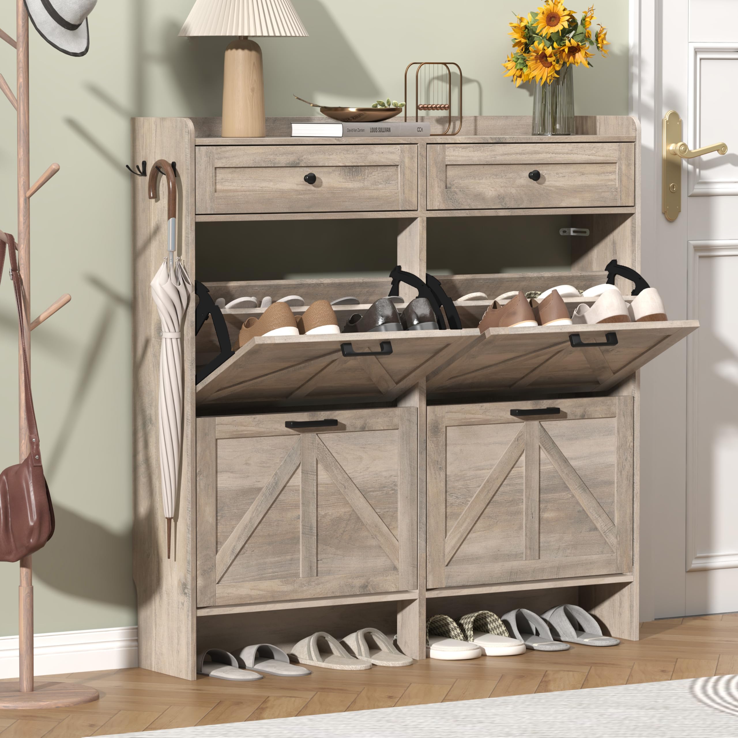 Thacuok Shoe Cabinet with 4 Flip Drawers & 2 Storage Drawers, Rustic Farmhouse Narrow Shoe Organizer Cabinet, Slim Shoe Rack Cabinet, Shoe Storage