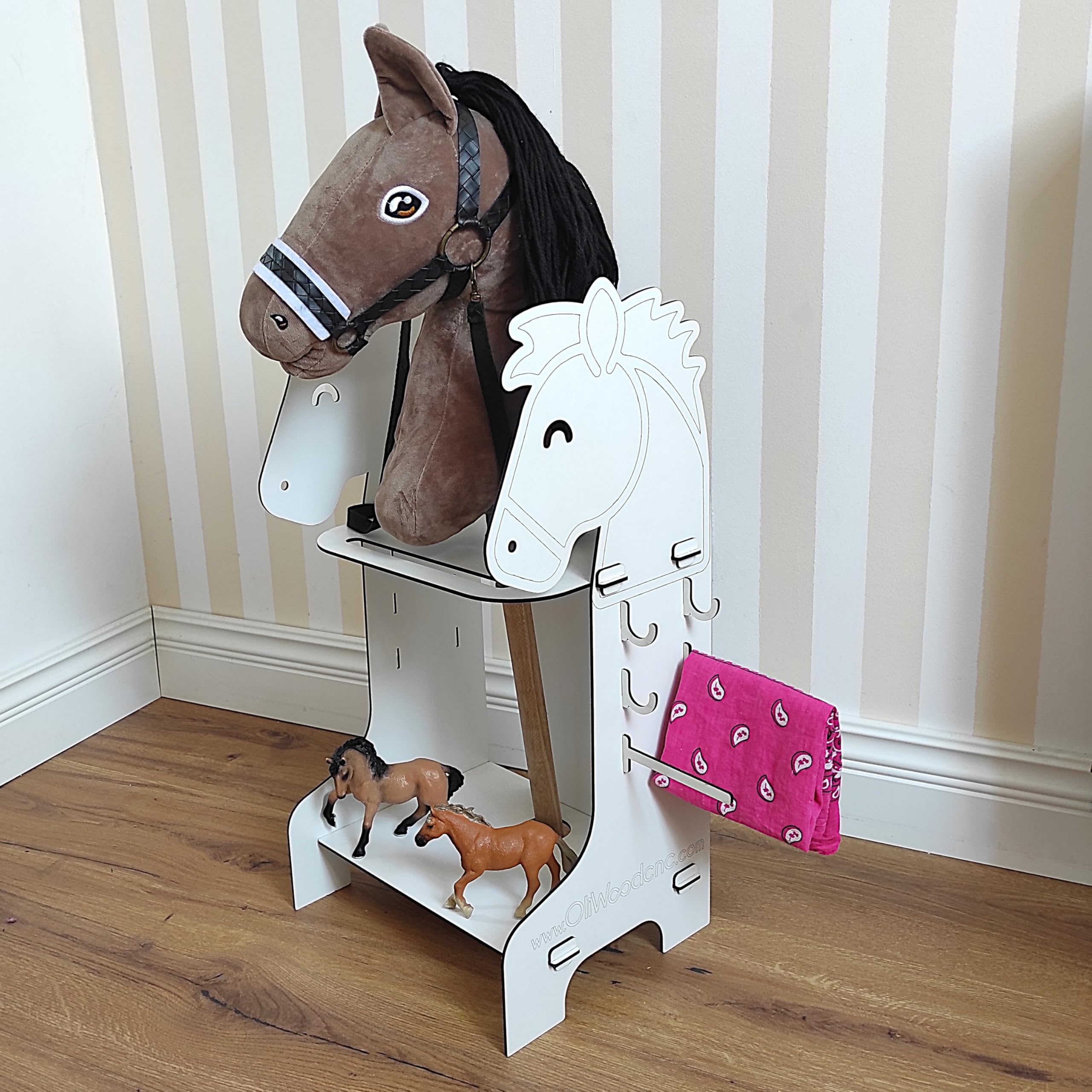 OliwoodCnc Hobby Horse Stable, Horse-Shaped Stand with Hangers & Hooks, Stable Barn for Hobby Horses