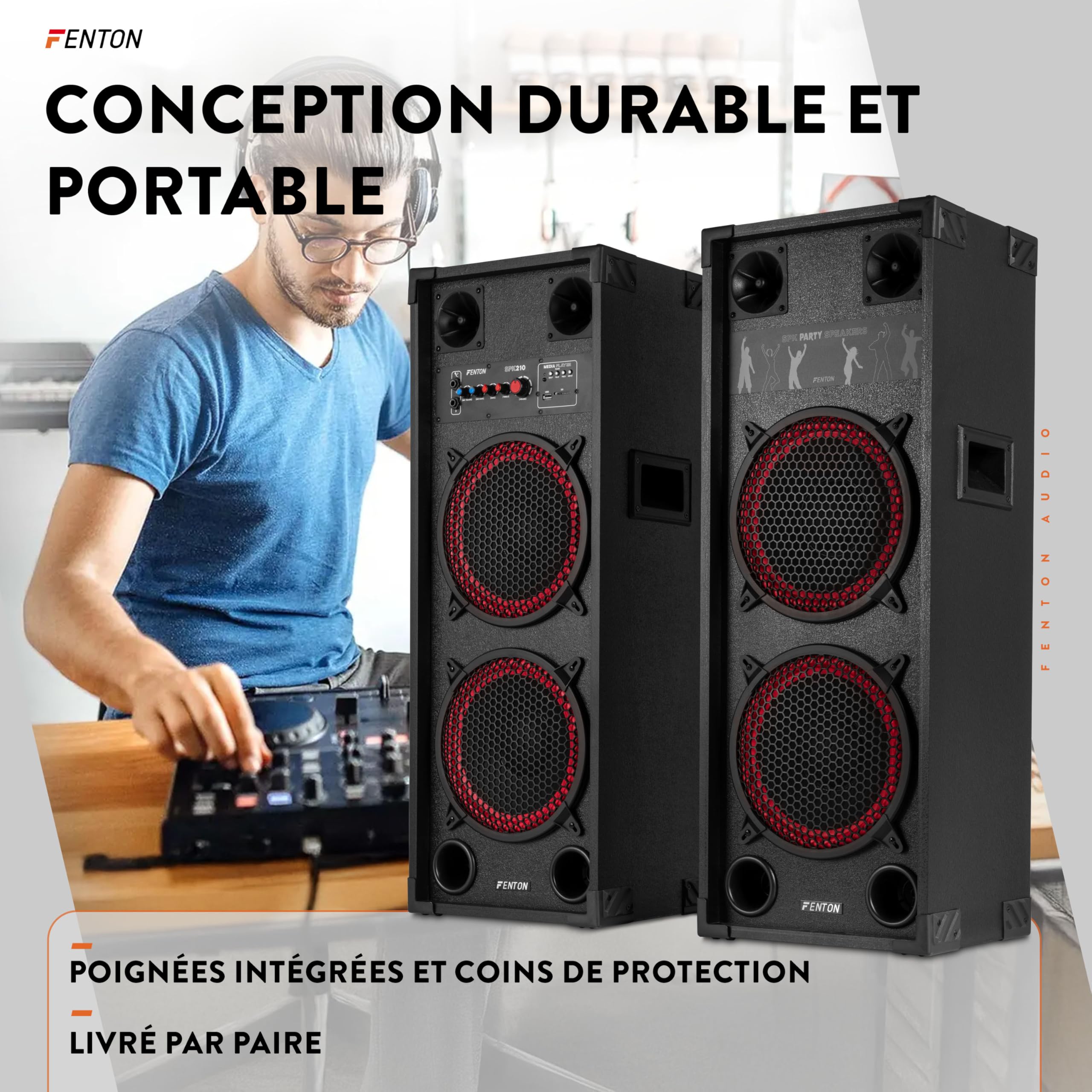 Fenton SPK-210 - Pack d’Enceintes Actives PA 1200 W (2×10″) - BT sans Fil, USB/SD, entrées micros - Système Sono idéal soirées, DJ, karaoké