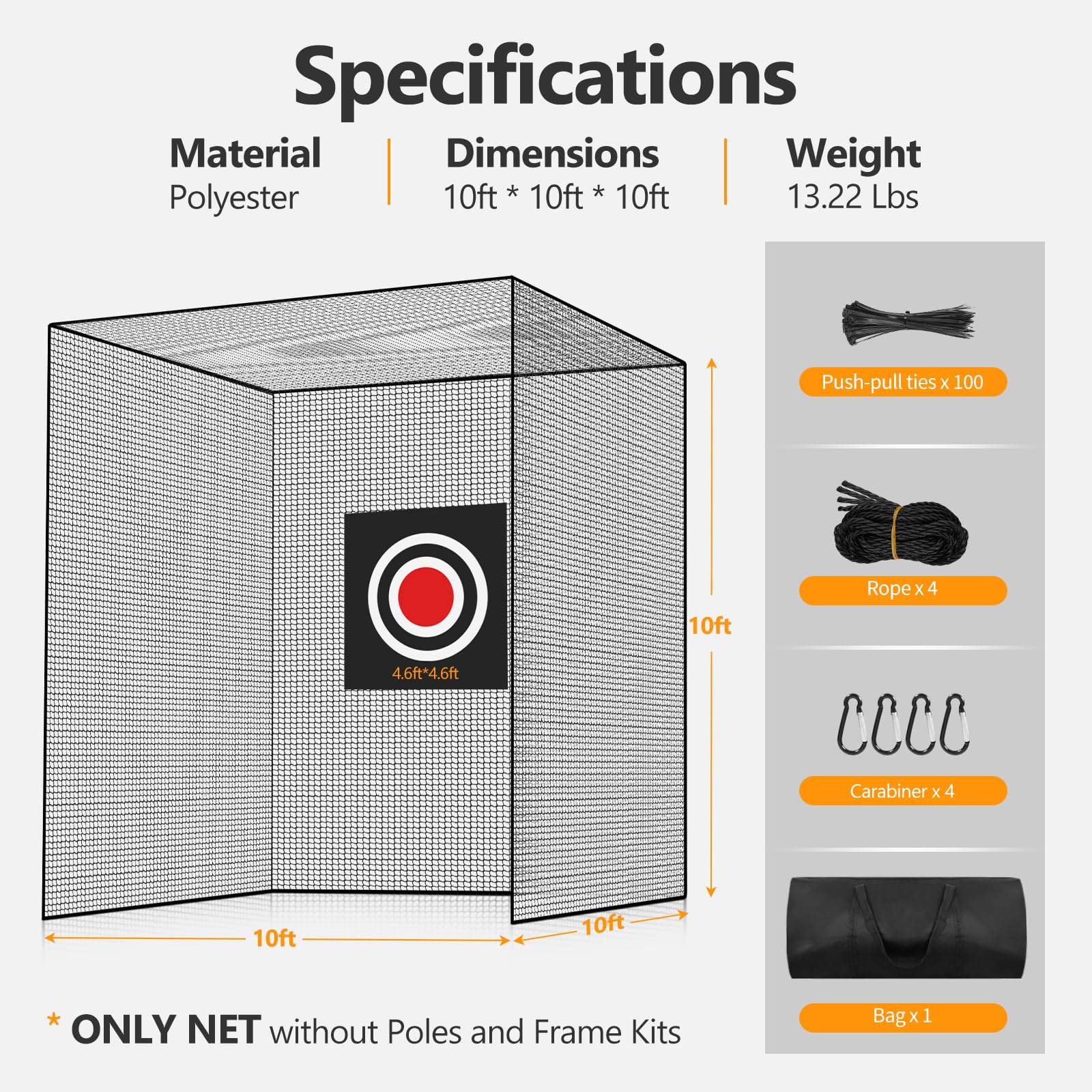 SHANTRA Golf Net Without Frame, 10x10x10ft Golf Batting Cage Netting, Golf Netting with 4 Carabiners and 4 Tie Rope, Golf Practice Net for Indoor, Outdoor, Backyard, Golf Simulator, Impact Screen