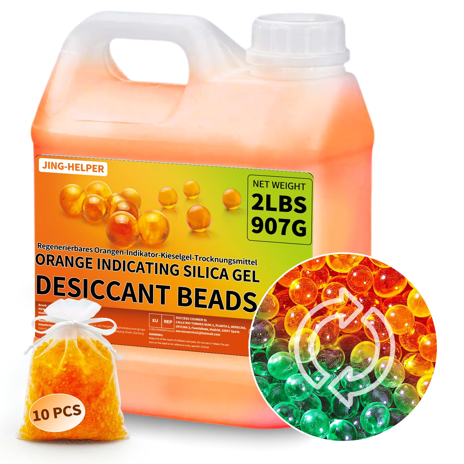 Orange Silica Kugeln 907G, Wiederverwendbare Indikator-Silikat Trockenmittel 3-5mm, Silikagel Desiccant für 3D-Druckfilamente, Elektronik, Kameras, Schmuck (Enthält 10 Organzabeutel)