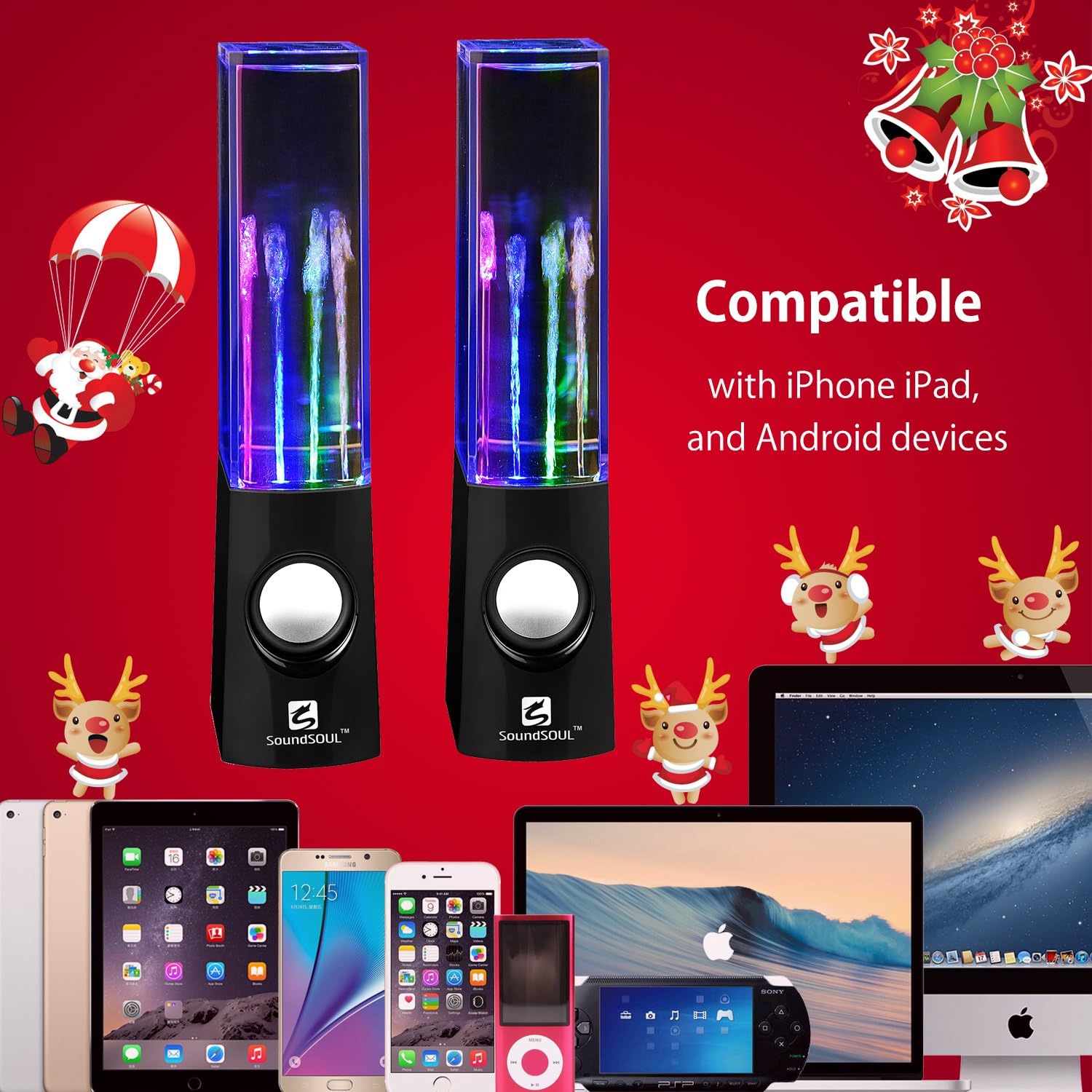 SoundSOUL Water Dancing Speakers connected to various devices like smartphones, tablets, and laptops