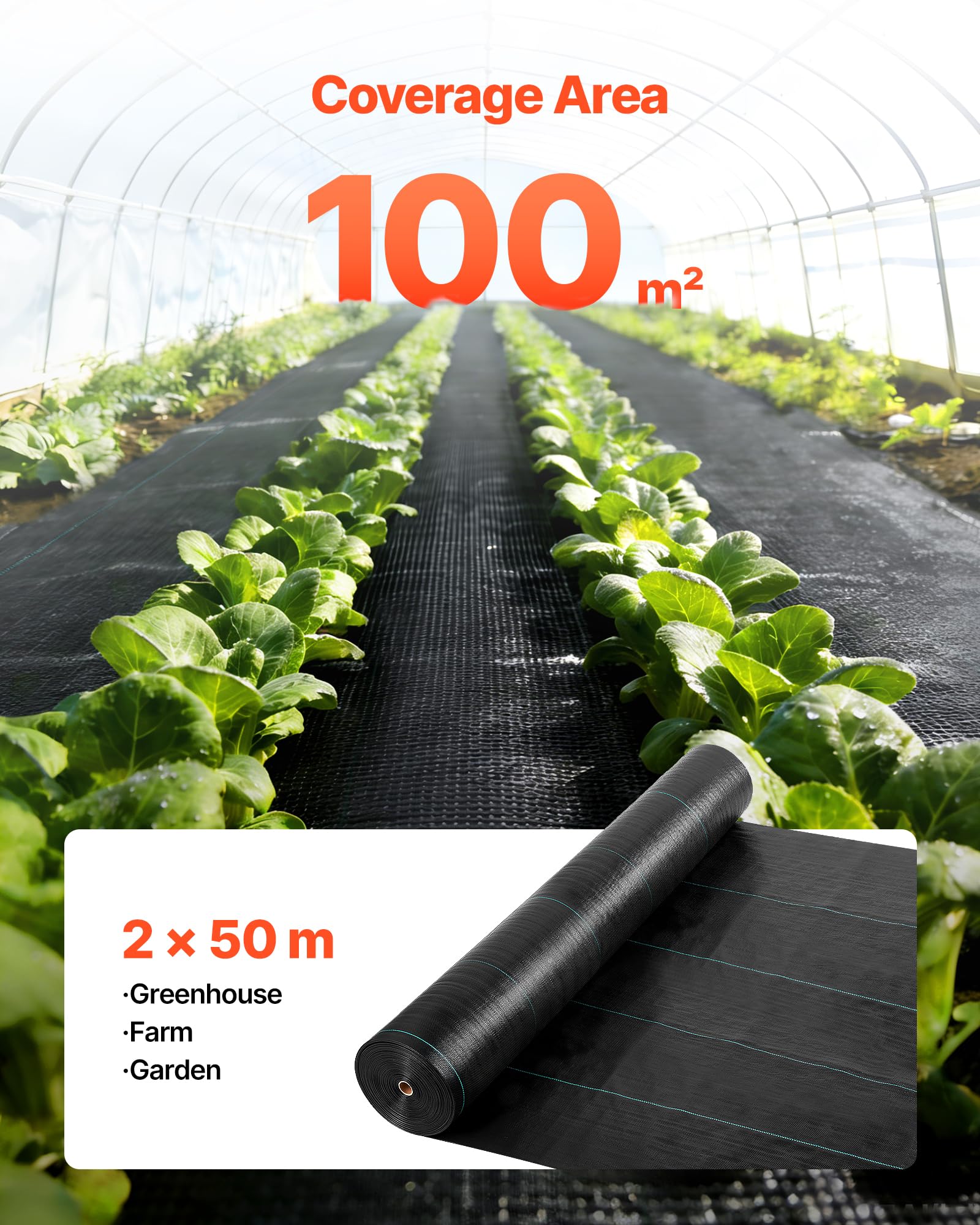 VEVOR Toile de Paillage 2x50 m Bâche Anti Mauvaise Herbe 100 g/m² Géotextile Anti Repousse Tissé PP Noir