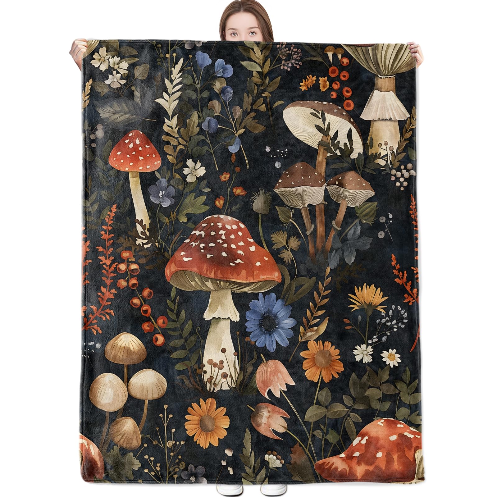 dongprom Mushroom Blanket Whimsical Forest Botanical Pattern on Dark Background Throw Blankets Lightweight Flannel Throws for Camping Couch Chair