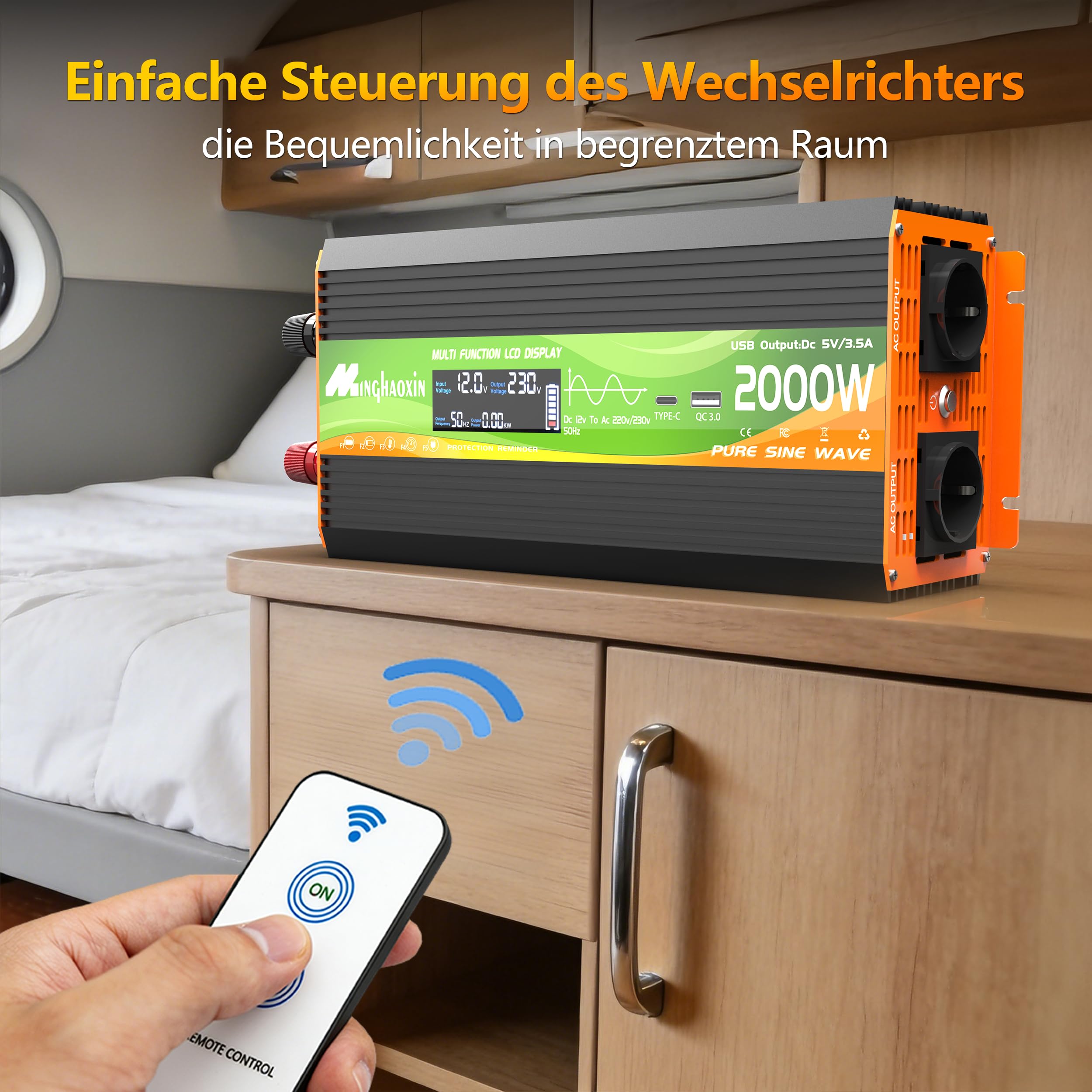 Wechselrichter 2000W Spannungswandler 12V 230V Reiner Sinus Inverter Konverter mit LCD-Display, USB-C-Anschluss und Kupferdraht 2 EU Steckdose für Solar,Fahrzeuge,Wohnmobil(Spitzenleistung 4000 Watt)