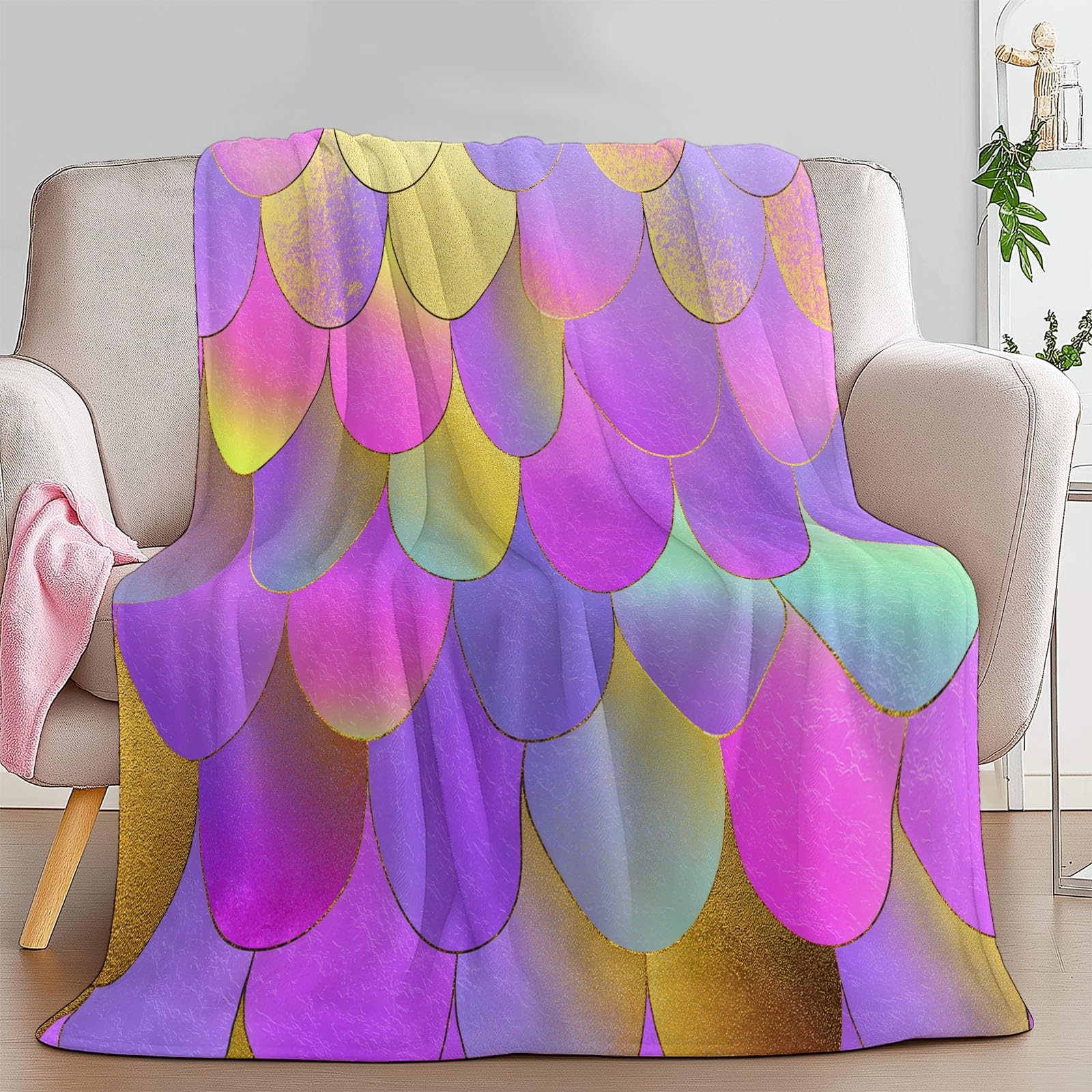 Générique Koc dla dorosłych i dzieci 200 x 200 cm, miękki koc flanelowy z nadrukiem elegancki gradient rybie łuski - narzuta na sofę pasuje do różowo-fioletowego utrzymania ciepła zimą