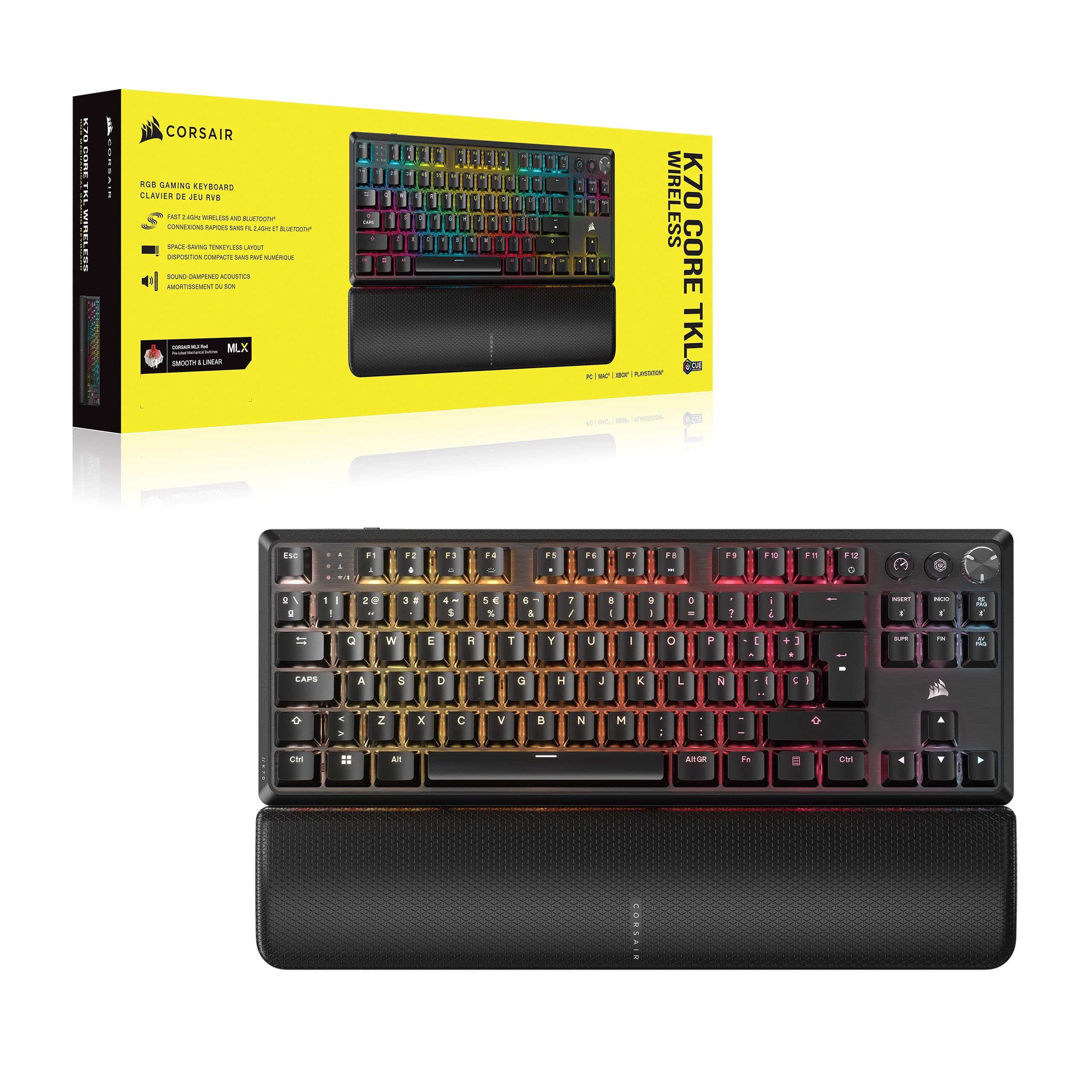 Corsair K70 Core TKL Wireless RGB Teclado Tenkeyless para Juegos – Negro | QWERTY ES, Mecánico, Interruptores Lineales CORSAIR MLX Red v2 Prelubricados, SOCD, Amortiguación Acústica, Tapas de ABS