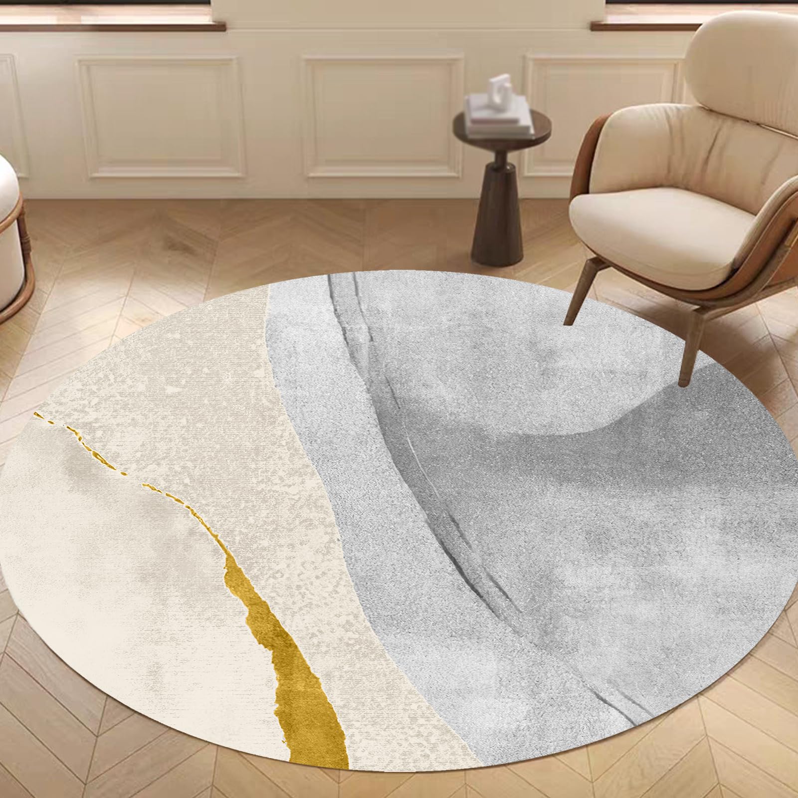Tapis rond doux à motif abstrait gris et jaune de 180 cm pour bureau chic