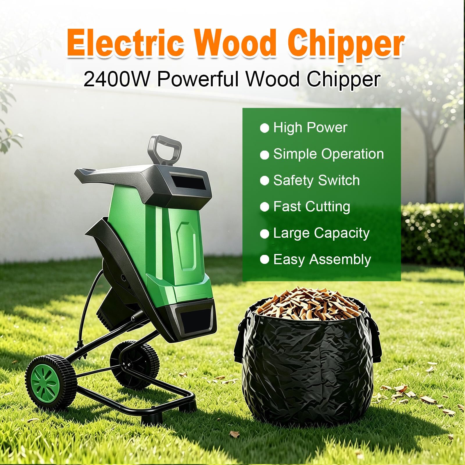 Biotrituratore Elettrico Rapido con Doppia Lama e Ruote | Biotrituratore Elettrico 2400W Doppia Lama e Protezione da Sovraccarico per Cura del Prato e Siepi(Yellow,110V)