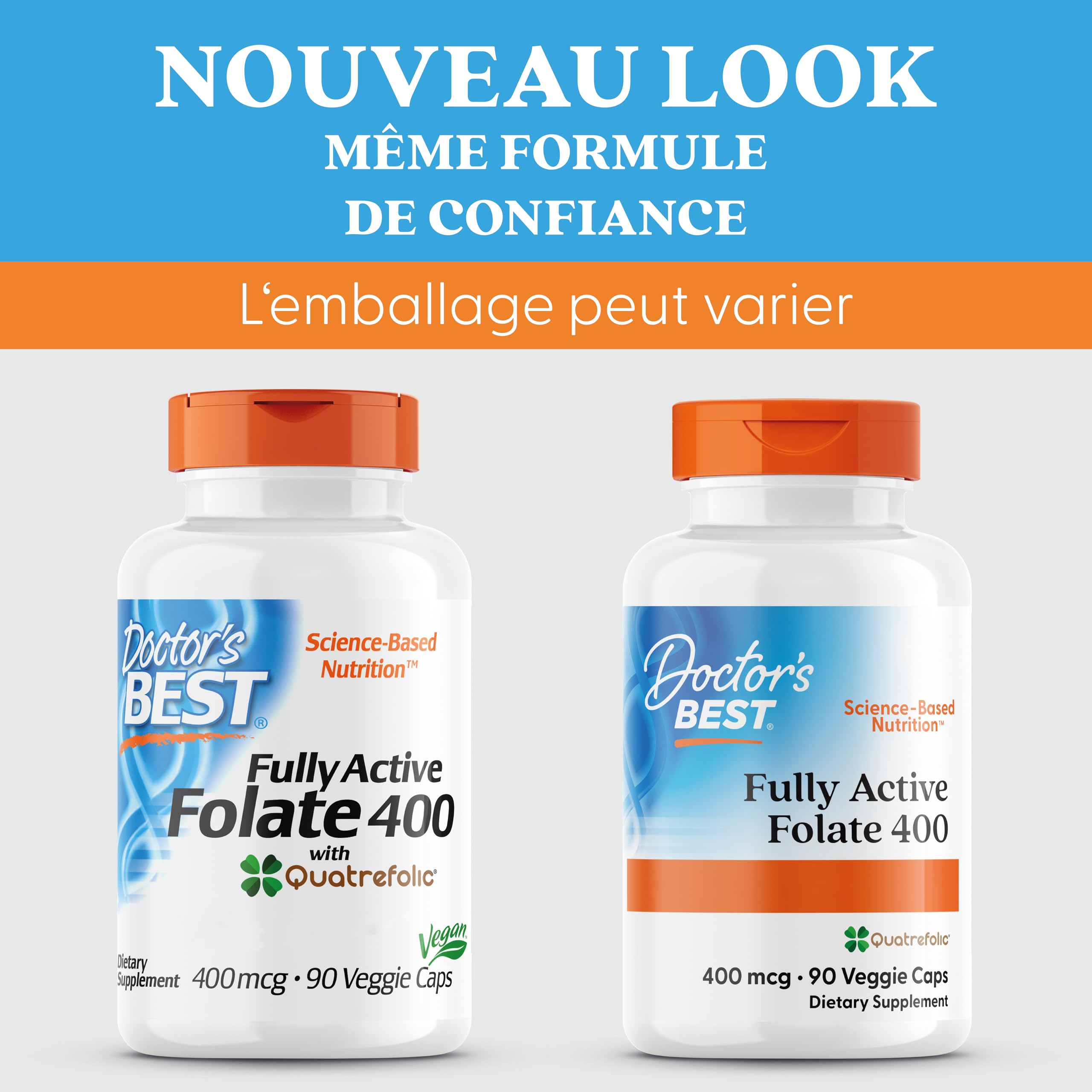 Doctor's Best, Fully Active Folate (Acide Folique), avec Quatrefolic, 400 mcg, 90 Capsules végétaliennes, Vitamine C, Testé en Laboratoire, Haute Dose, Sans Gluten, Sans Soja, Sans OGM